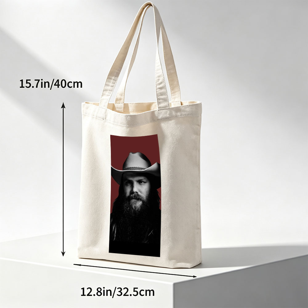 Chris Stapleton in a Cowboy Hat with a Bearded Portrait Against a Red Background - Canvas tote bags