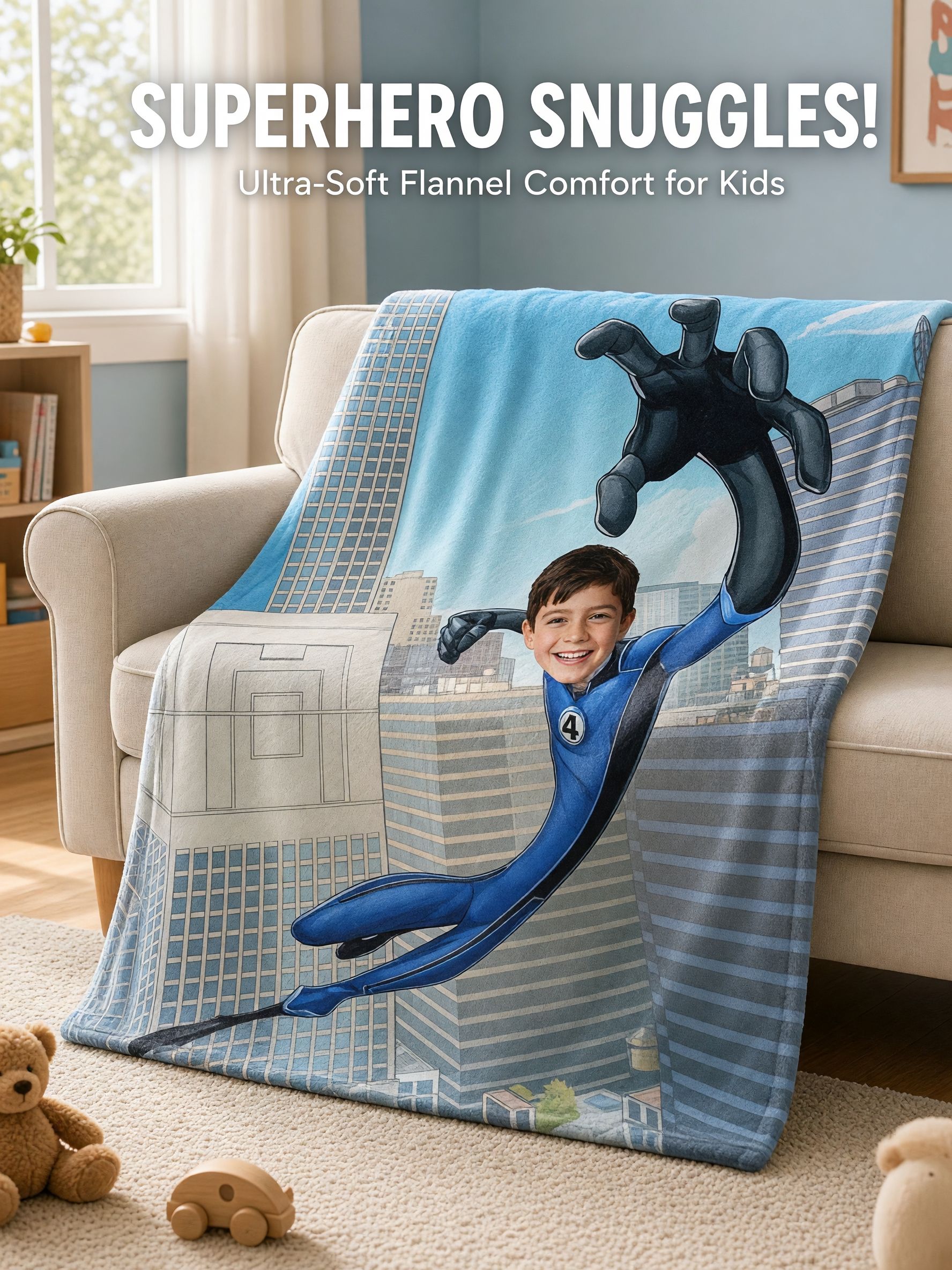 Custom Face Superhero Flannel Throw Blanket Personalized Photo Comic Plush Bed Cover for Kids and Adults Cozy Gift