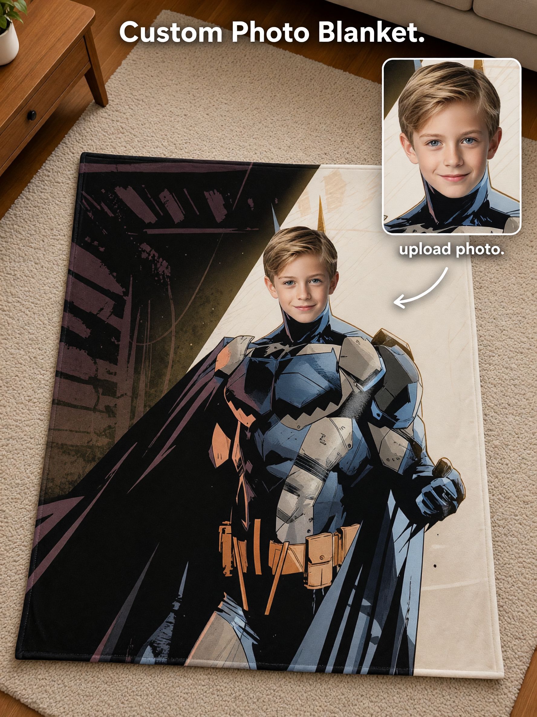 Custom Face Superhero Flannel Blanket, Personalized Photo Plush Throw, Warm Comic Fleece Gift for Kids