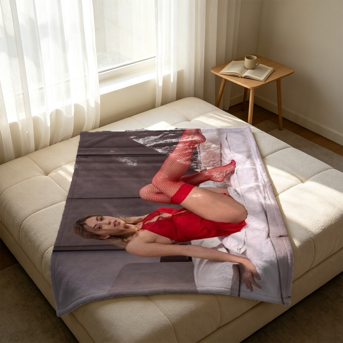 Blonde in black lingerie posing on leather couch - Blanket