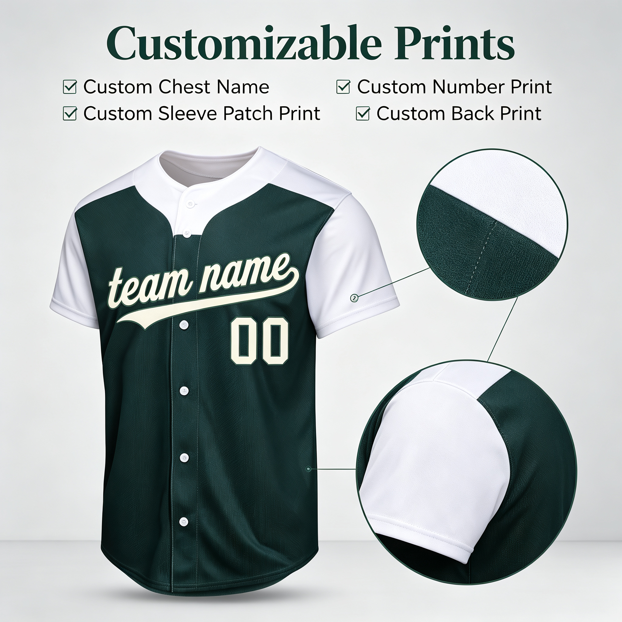 Custom Printed Colorado Mountain Peak Style Baseball Jersey Dark Green White Button Down Shirt for Men and Women