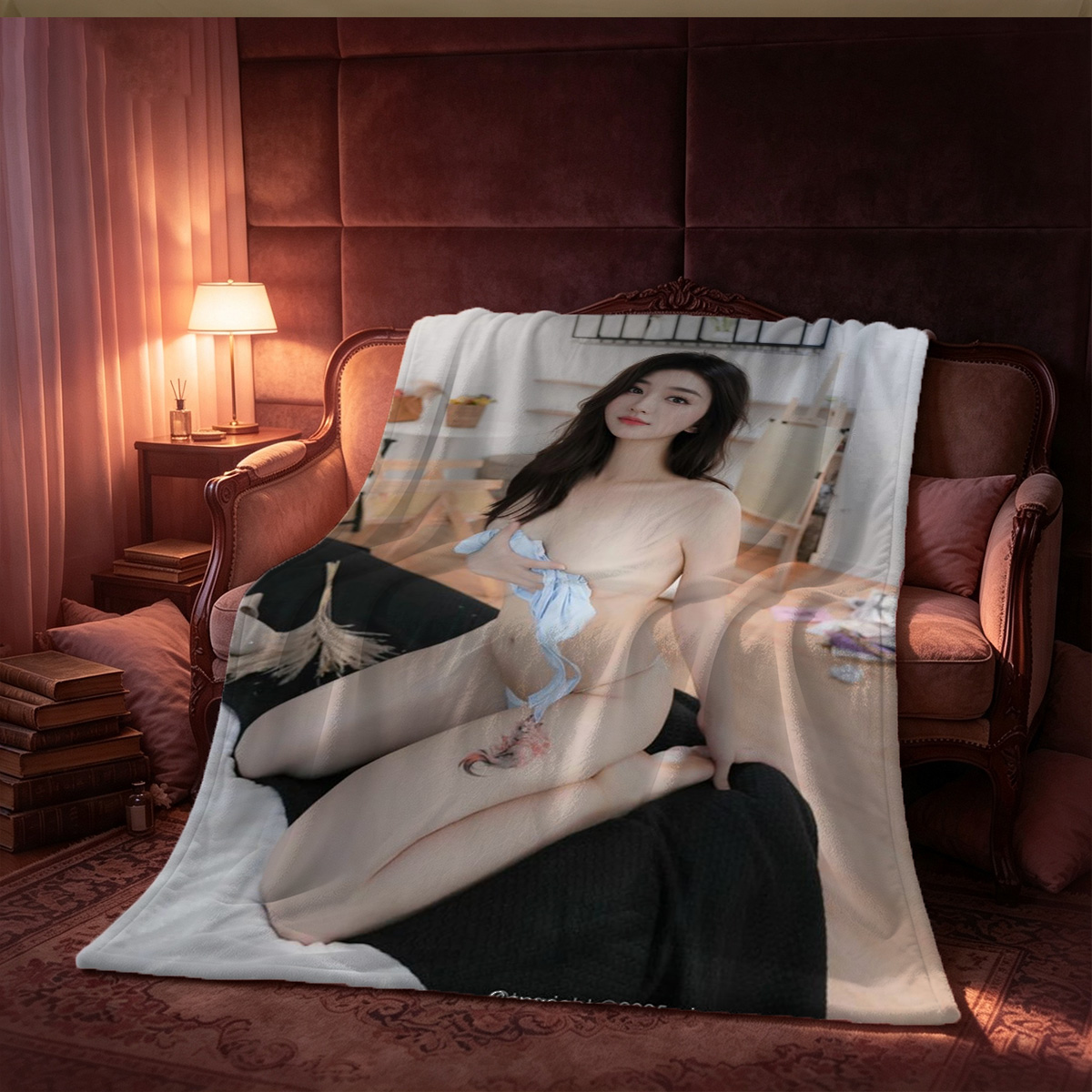 Elegant Asian beauty in sheer black stockings and burgundy satin lingerie posing in white modern chair. - Blanket