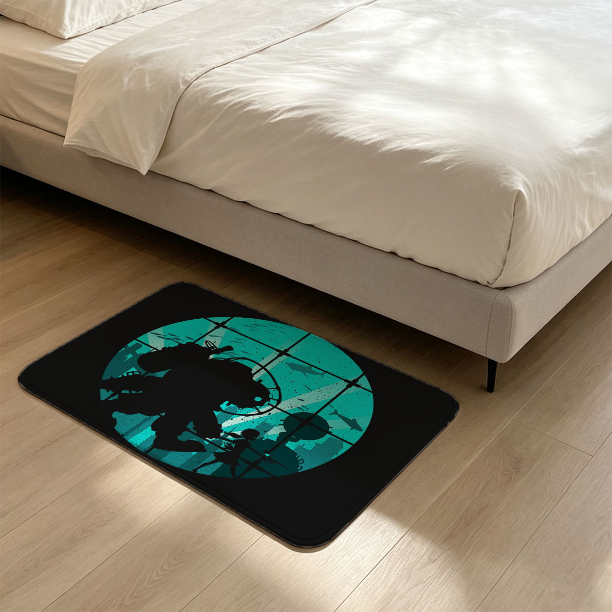 Deep Sea Diver and Child in Underwater City Silhouette - Flannel floor mat