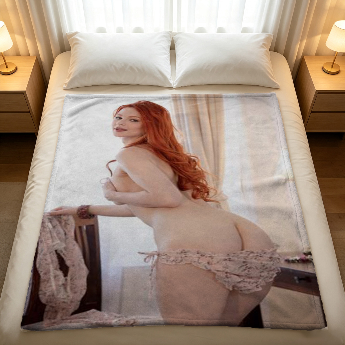 Nude Asian Model in White Cat Ears and Tail Lingerie Sitting on Chair - Blanket