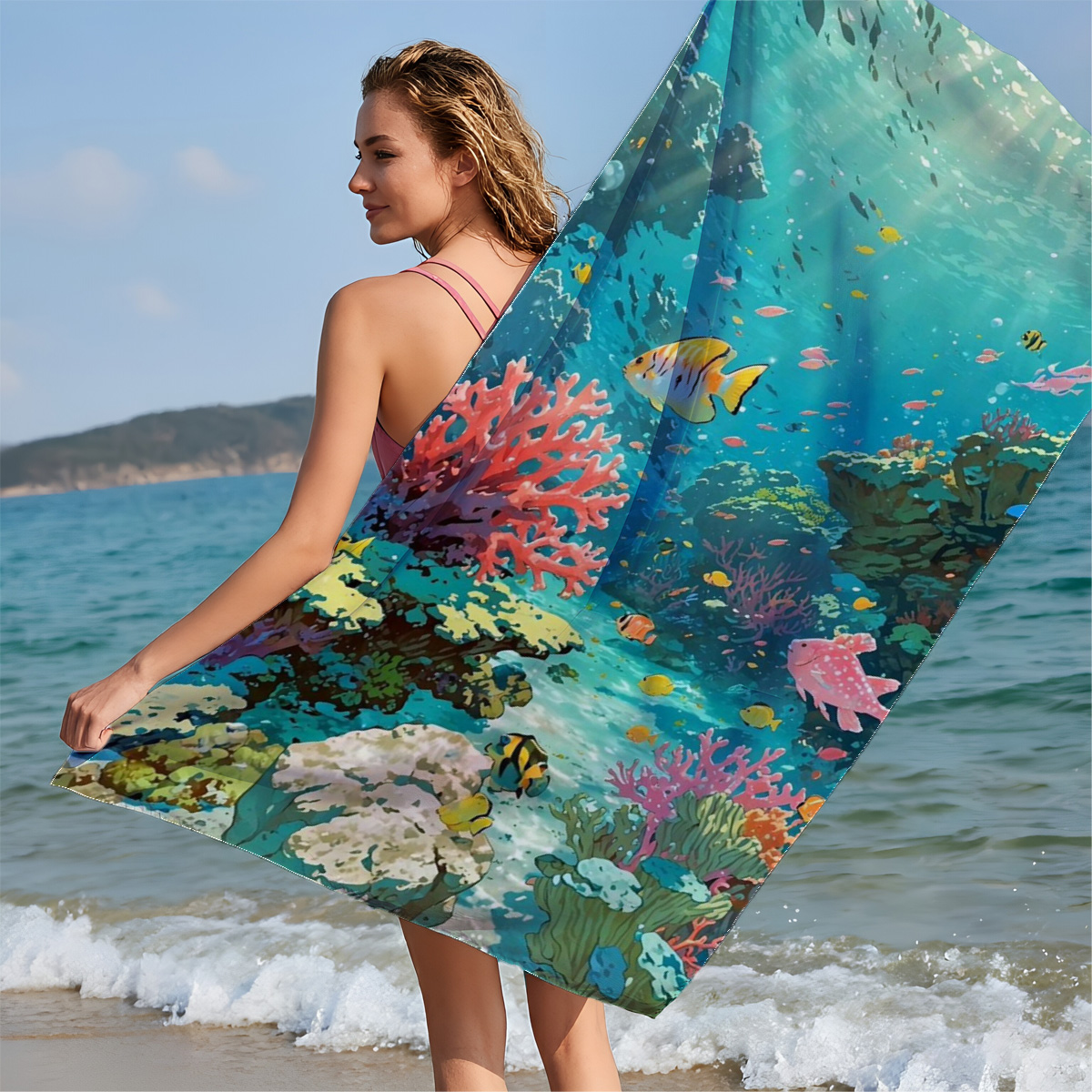Vibrant Coral Reef with Colorful Fish and Sunlight Rays - Beach towels