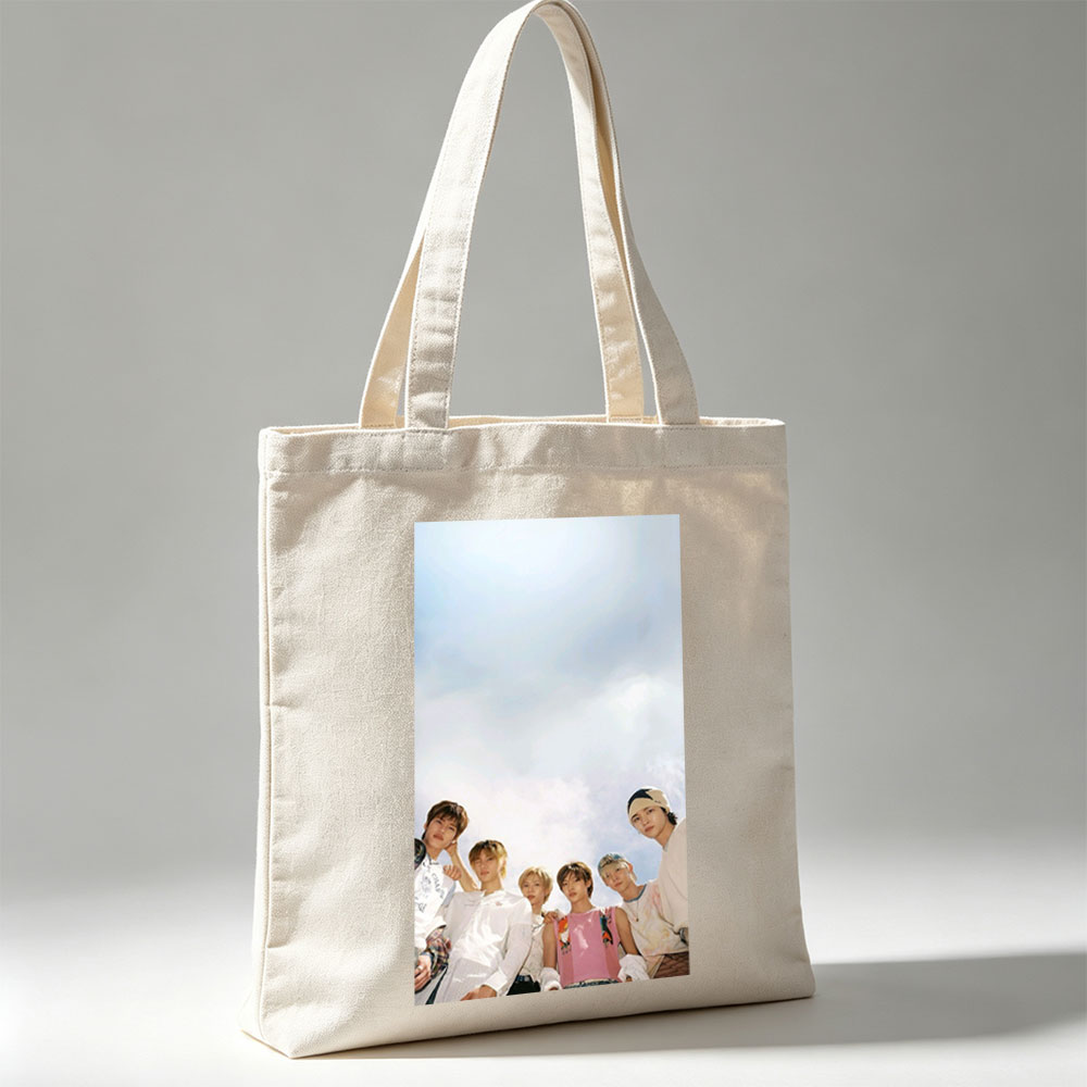 TXT Members Standing Together Under a Bright Sky in Casual Outfits - Canvas tote bags