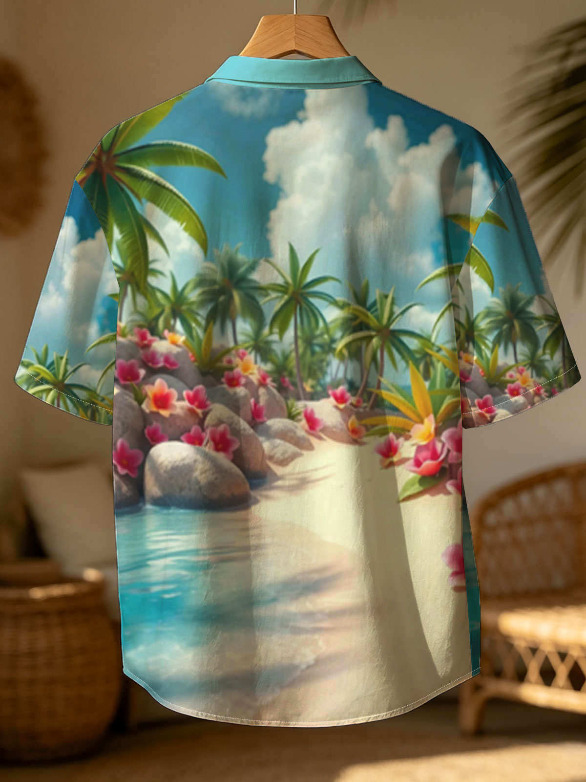 Tropical Beach with Palm Trees and Pink Flowers -  Shirt