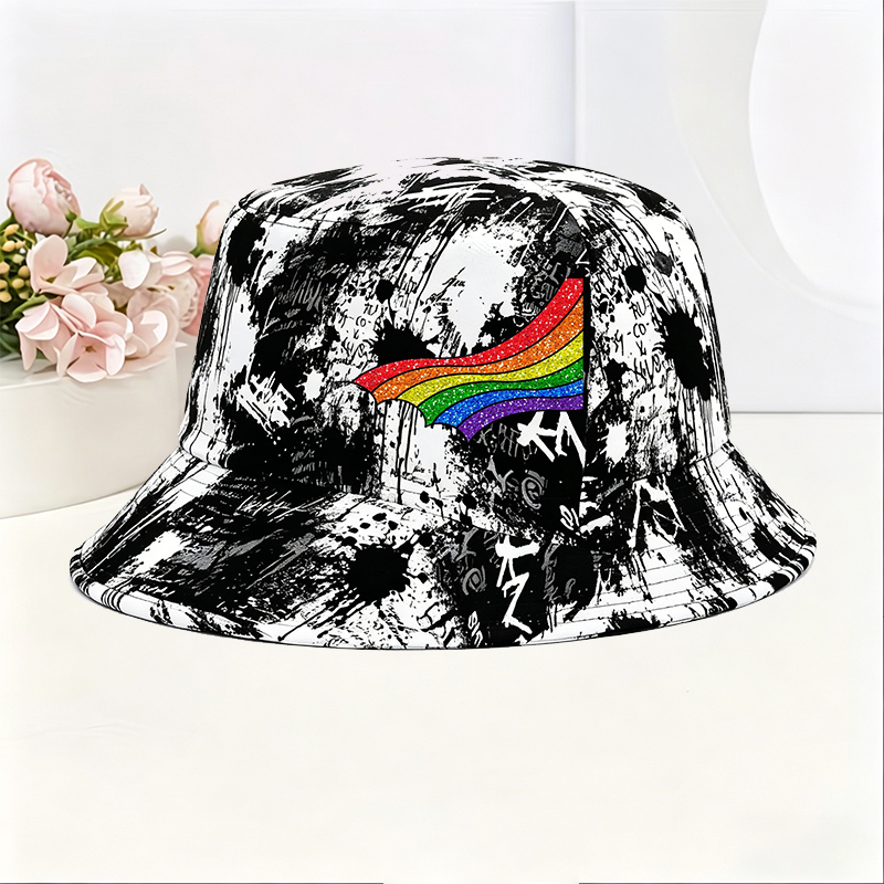 Unisex Classic Graffiti Bucket Hat with Glitter Rainbow Print for Outdoor Activities, Streetwear Fashion, and Pride Events – Perfect for Adults Seeking Bold Style and Comfortable Sun Protection
