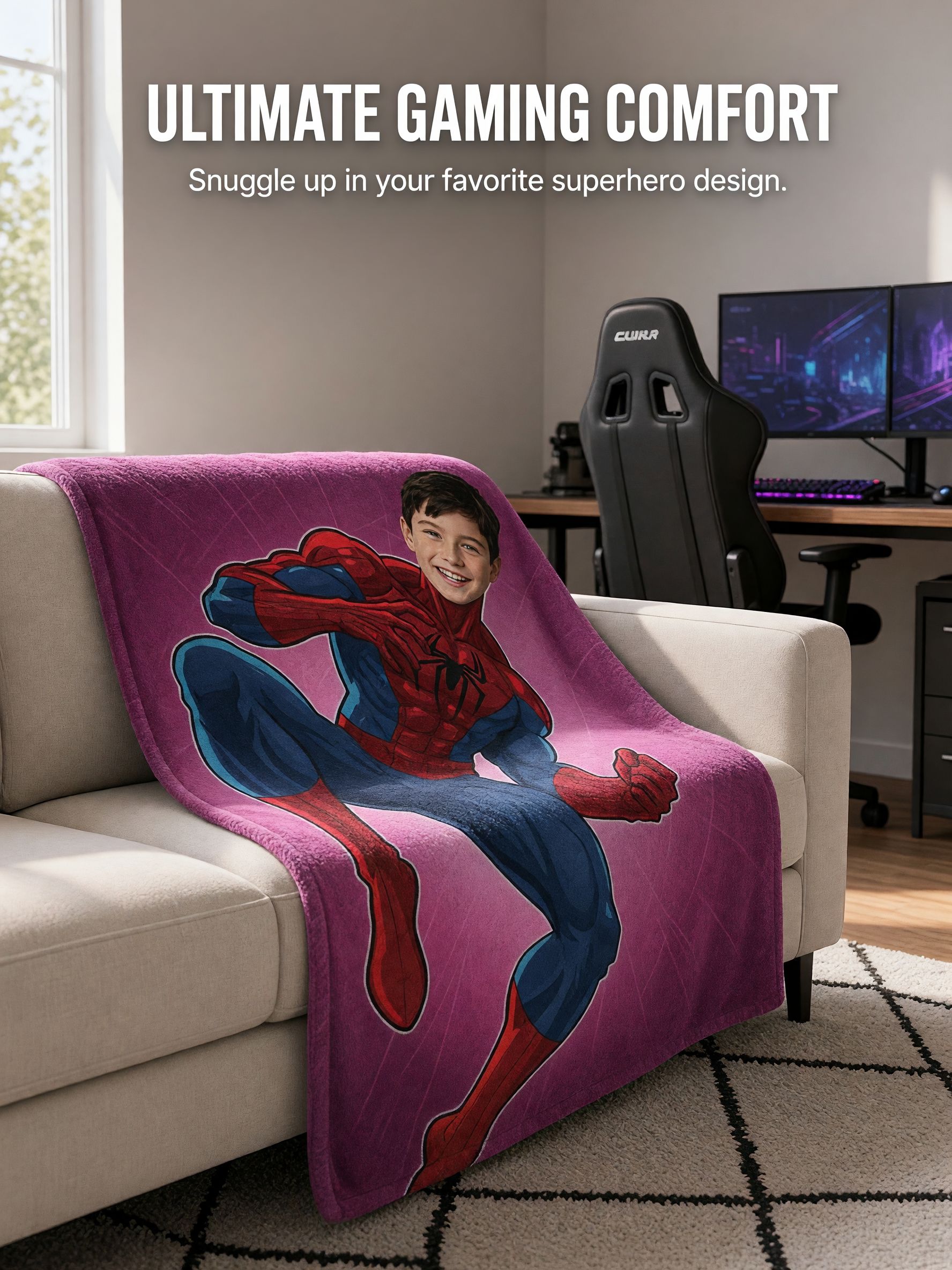 Custom Face Photo Superhero Fleece Blanket, Personalized Flannel Throw Blanket for Kids, Ideal Personalized Gift