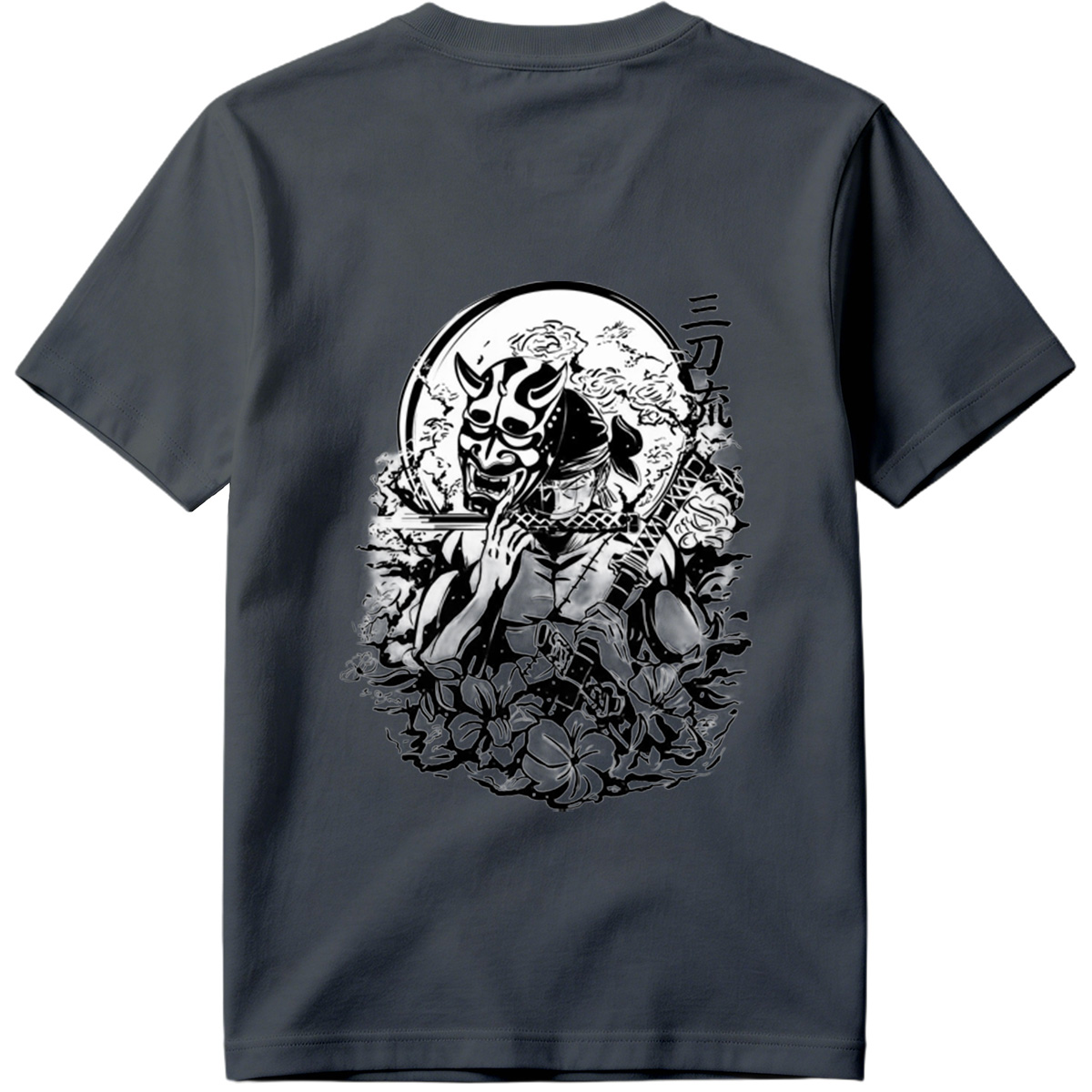 Samurai with Oni Mask and Katana in Floral Scene - Tee