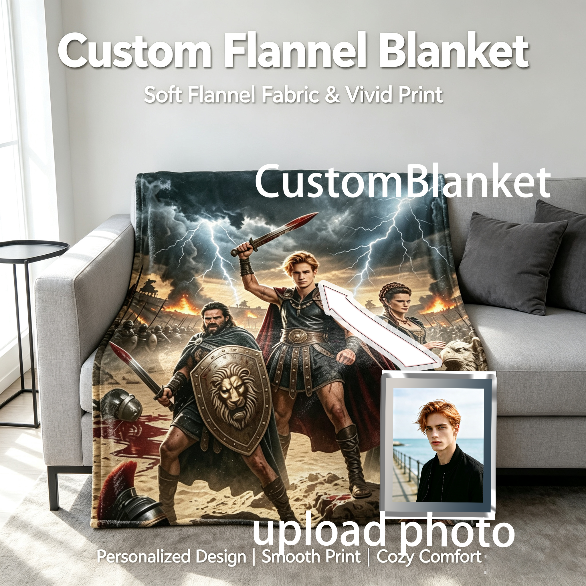 Custom Face Blanket Ancient Warrior Epic Battle Scene Flannel Blanket Perfect for Couch Cozy Nights and Birthday Gift Ideas