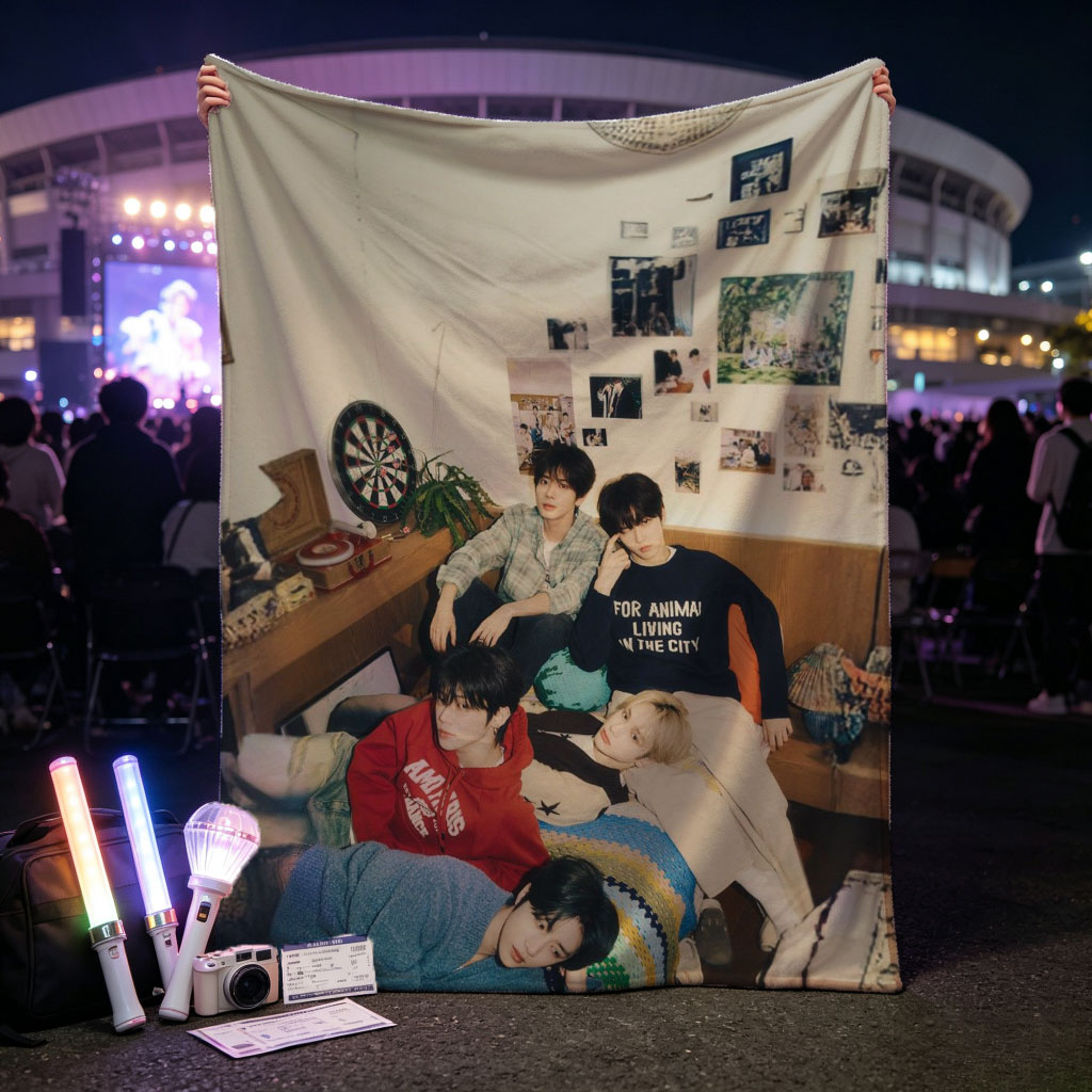 Stray Kids Relaxing in Cozy Living Room with Colorful Blankets and Wall Art - Blankets