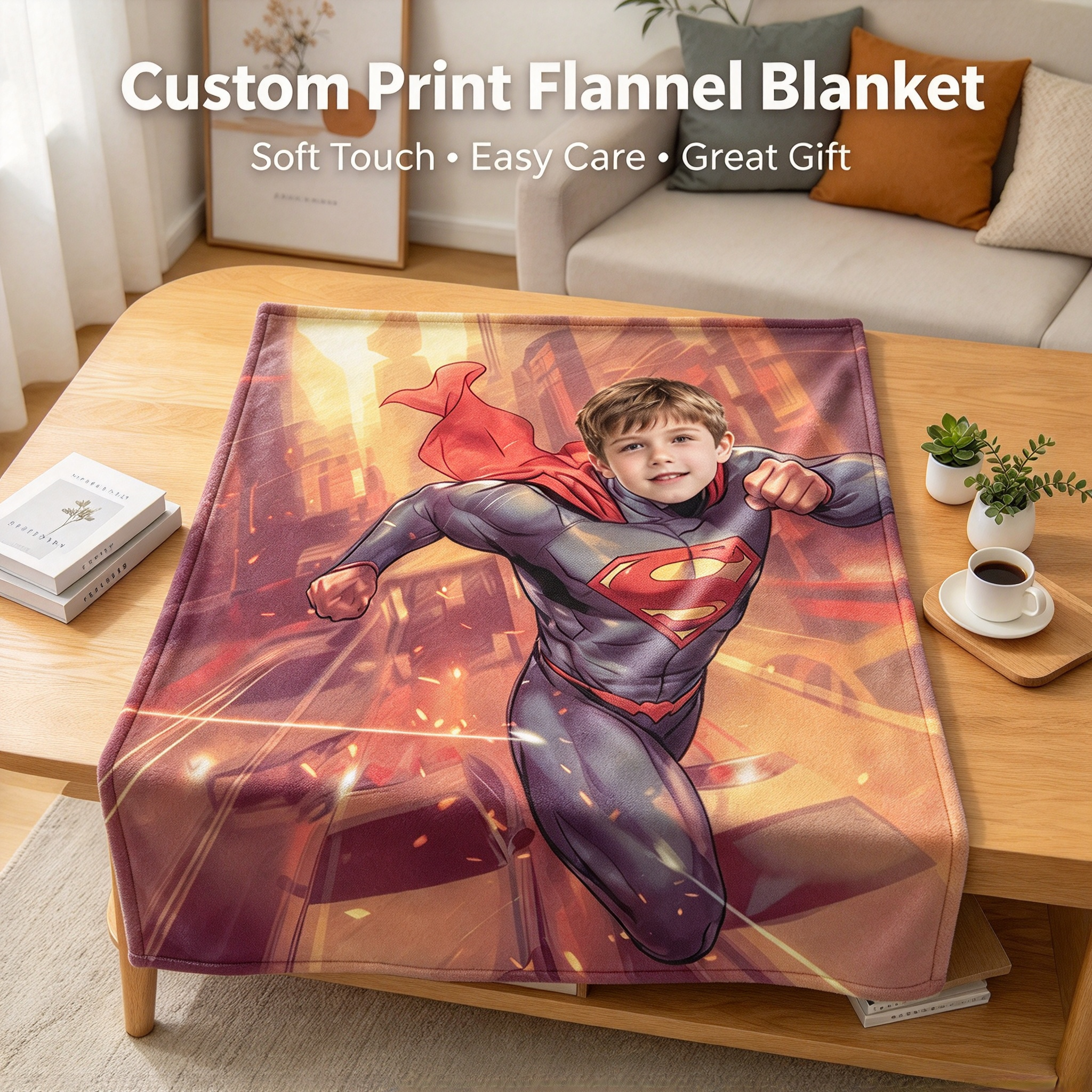 Personalized Superhero Face Photo Blanket Ultra Soft Flannel Throw Fleece Bedding Ideal Custom Birthday Gift for Kids
