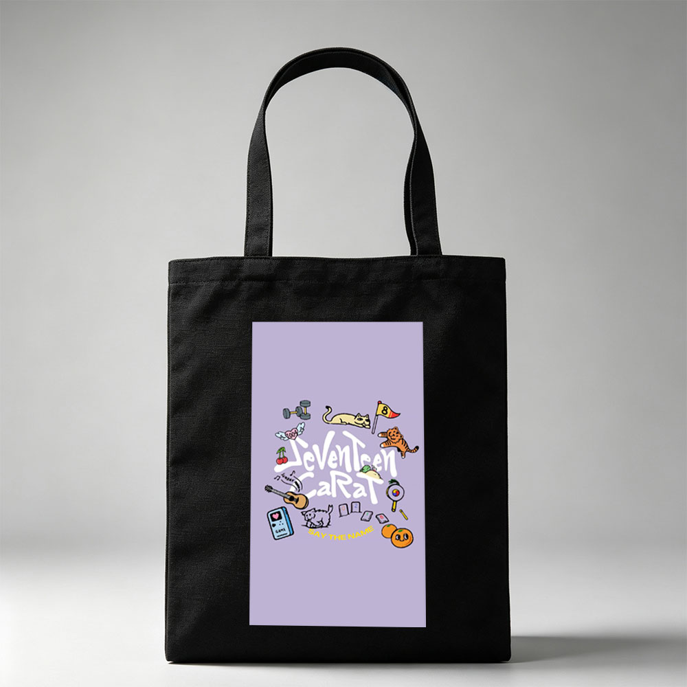 Seventeen Carat Say The Name Album Art Featuring Cats, Guitar, and Cute Icons - Canvas tote bags