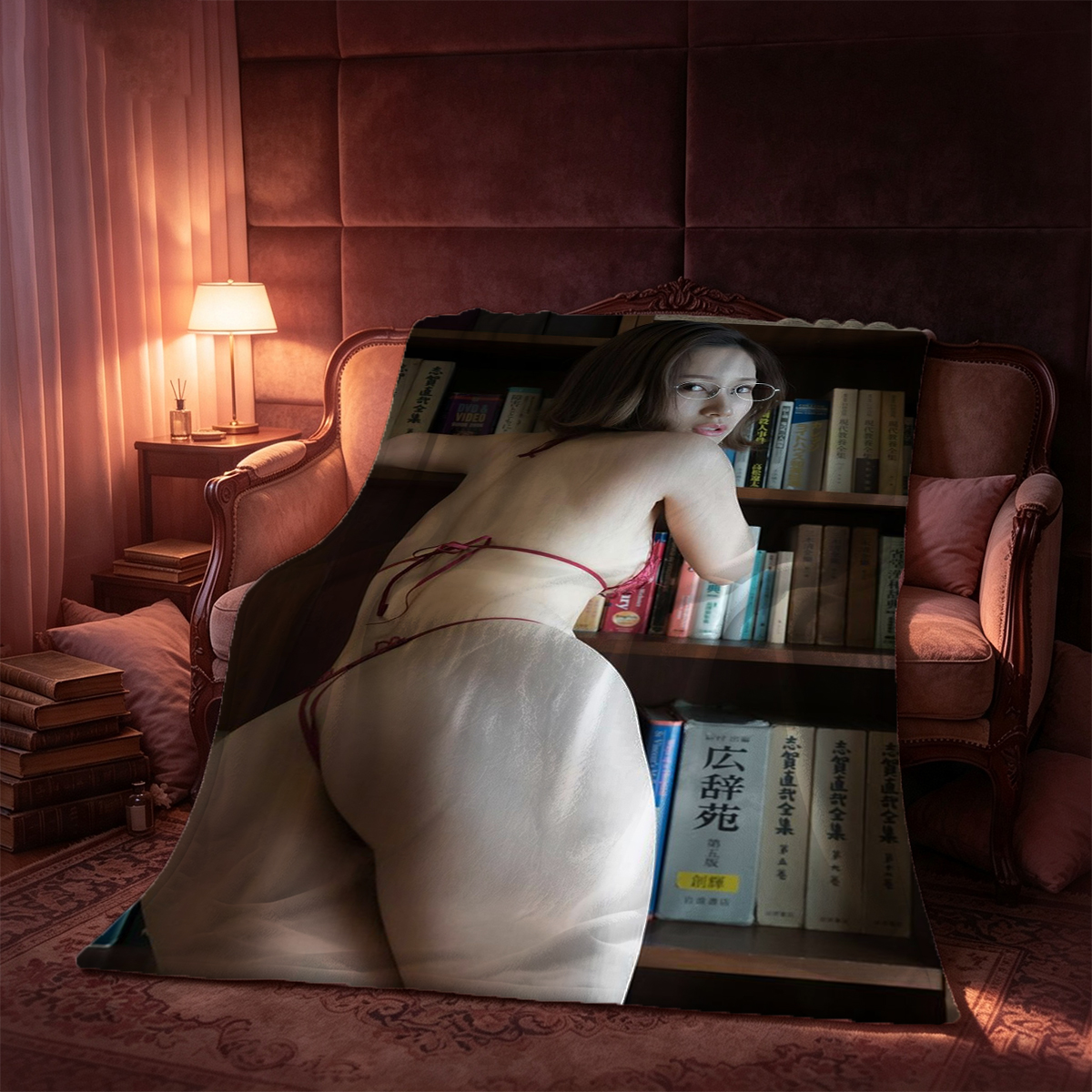 A young woman in a brown crop top and flared pants posing barefoot in a modern living room. - Blanket