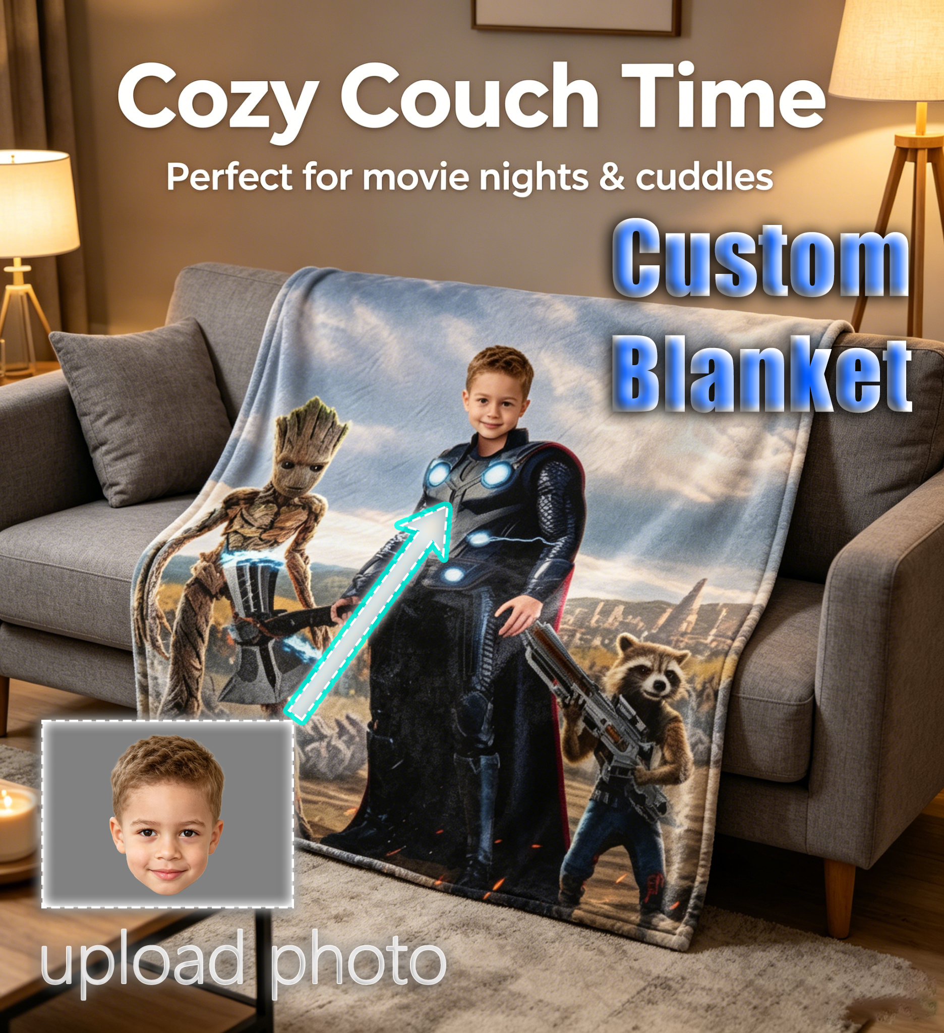 Personalized Superhero Kids Blanket - Custom Face Soft Plush Throw