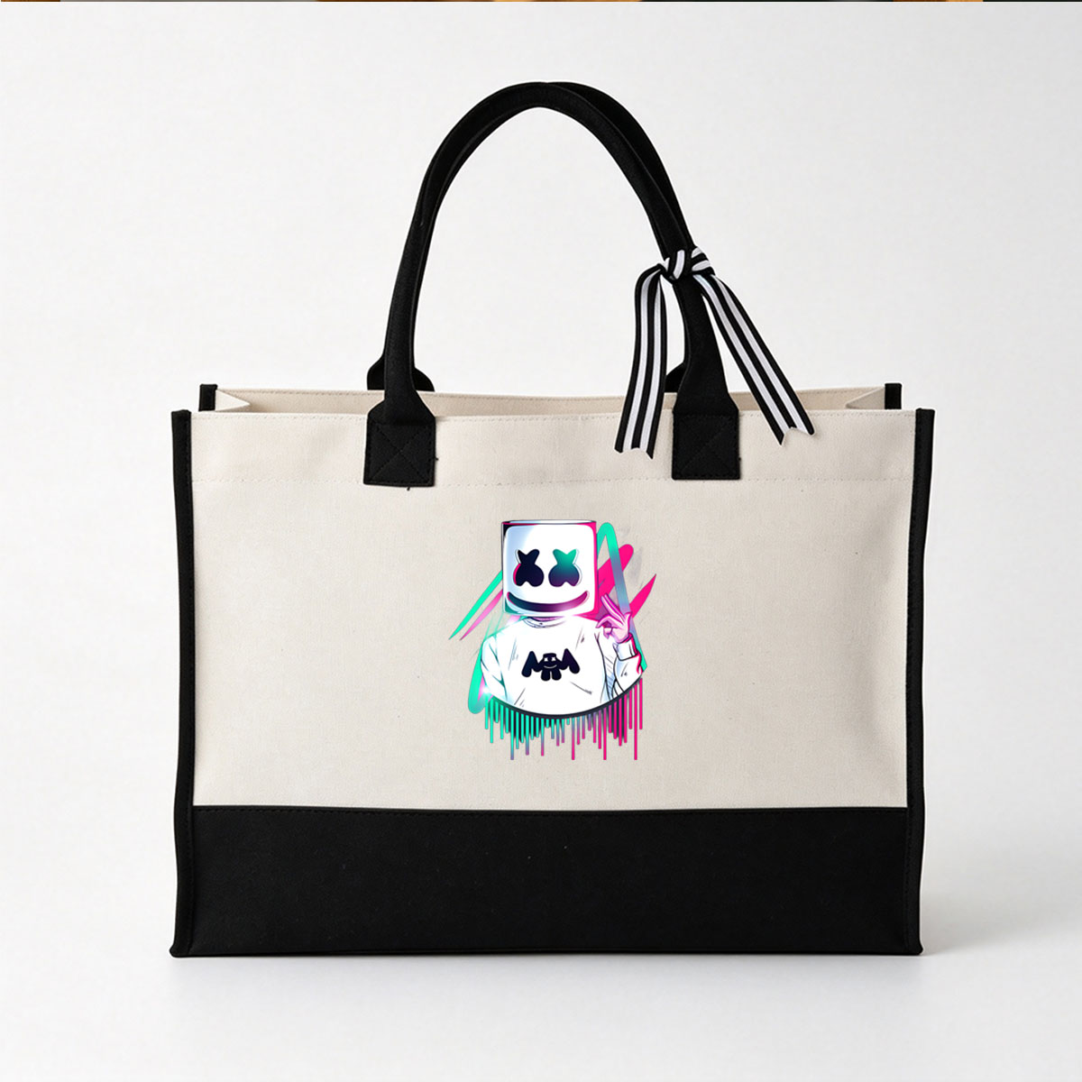 Marshmello DJ Character with Neon Glow and Peace Sign - Canvas patchwork gift tote bag