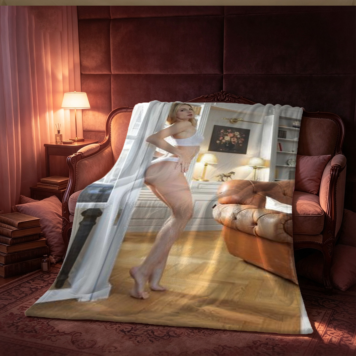 Auburn-haired woman in white lace lingerie posing on bed - Blanket
