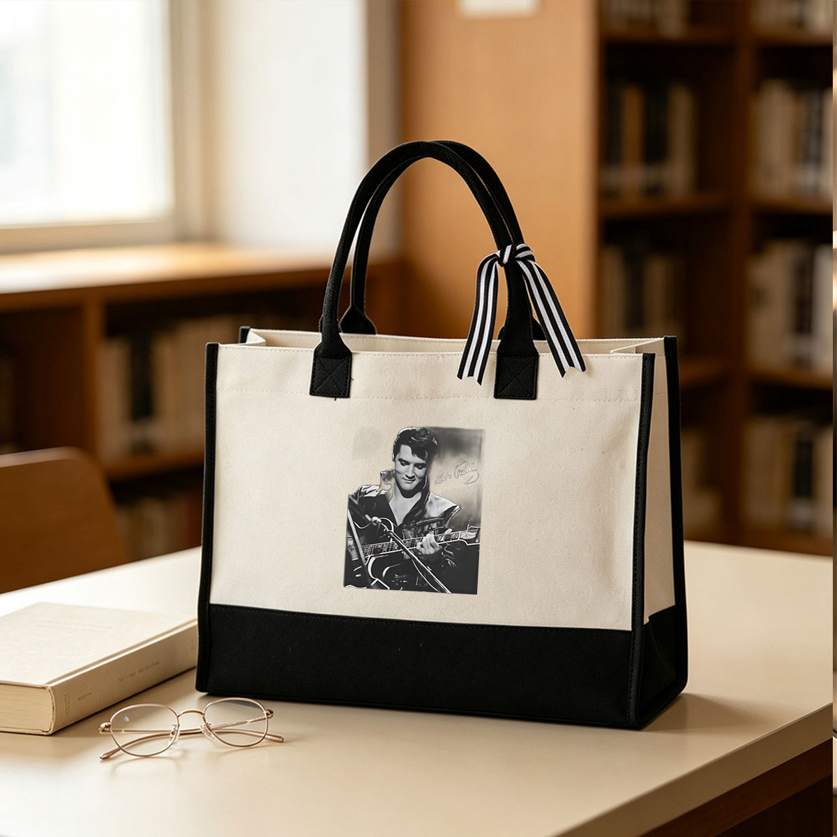Elvis Presley Playing Guitar with Signature - Canvas patchwork gift tote bag
