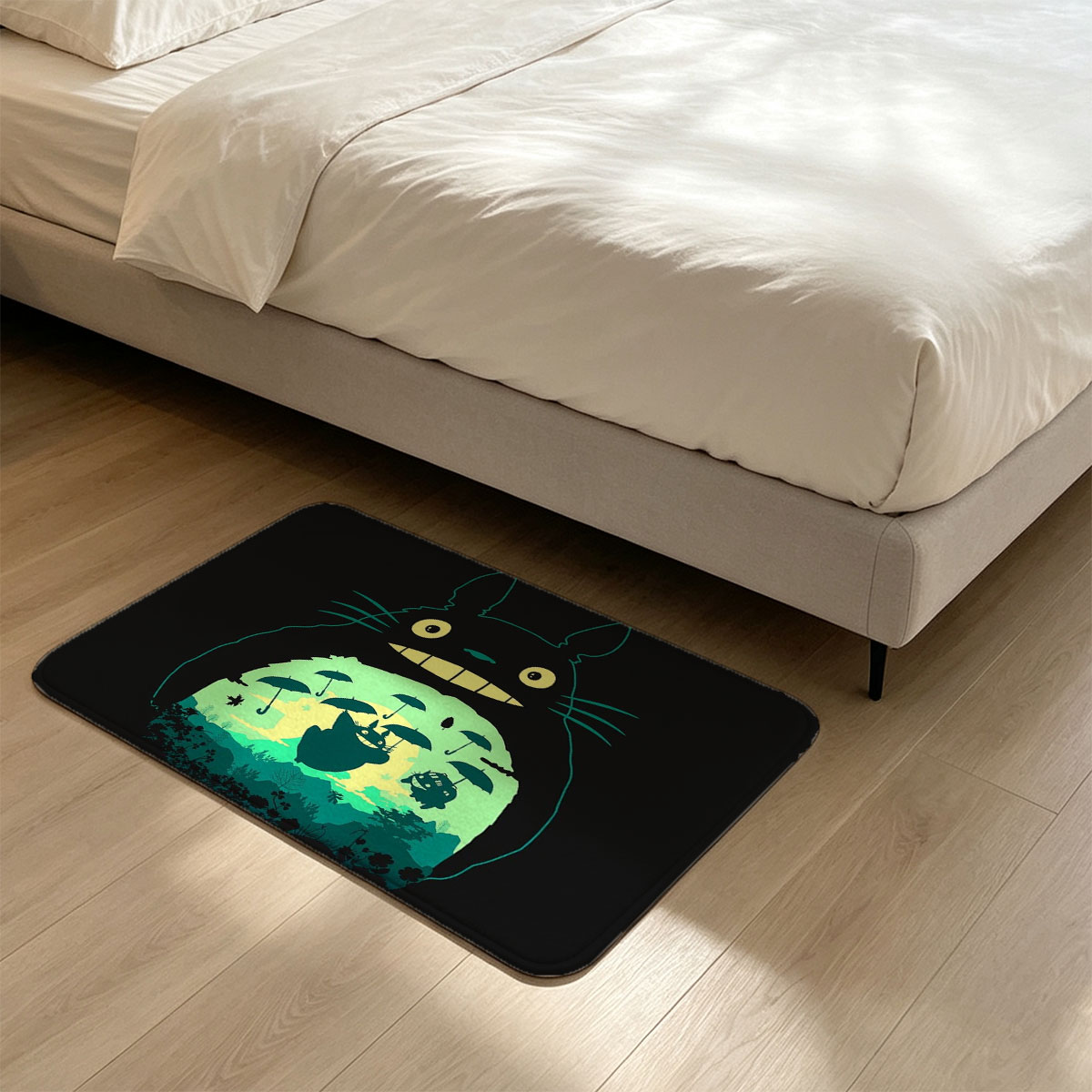 Totoro and Friends Under Umbrellas in a Magical Forest Scene - Flannel floor mat