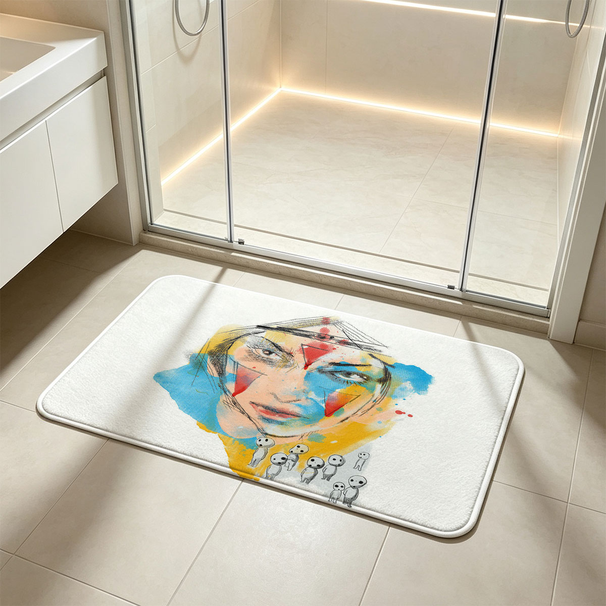 Abstract Portrait with Colorful Geometric Patterns and Miniature Figures - Flannel floor mat