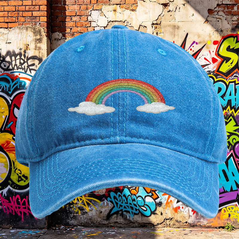 Unisex Classic Washed Cap with Glitter Rainbow and Cloud Print - Perfect for Casual Outings, Festivals, and Everyday Wear - Ideal for Youth and Adults Seeking Fun, Trendy Headwear