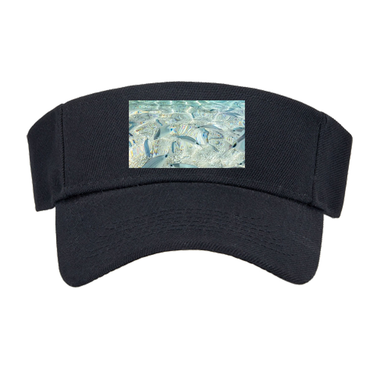 Clear waters reveal schools of fish swimming near a rocky shore with boats in the distance. -  Visor cap