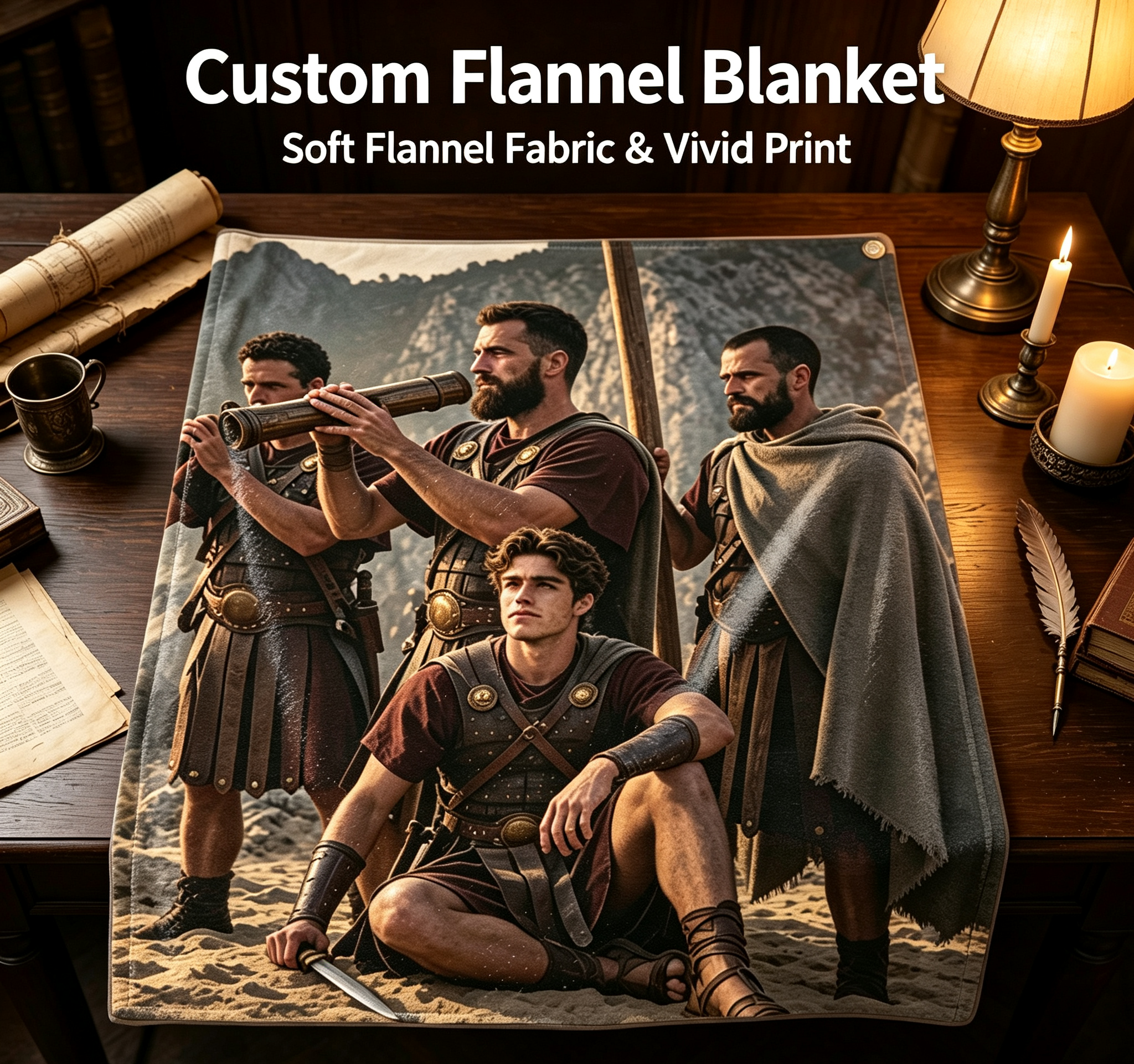 Custom Face Blanket Ancient Warriors Mountain Scene Flannel Blanket Perfect for Camping and Outdoor Adventures Ideal Gift for History Enthusiasts and Movie Fans