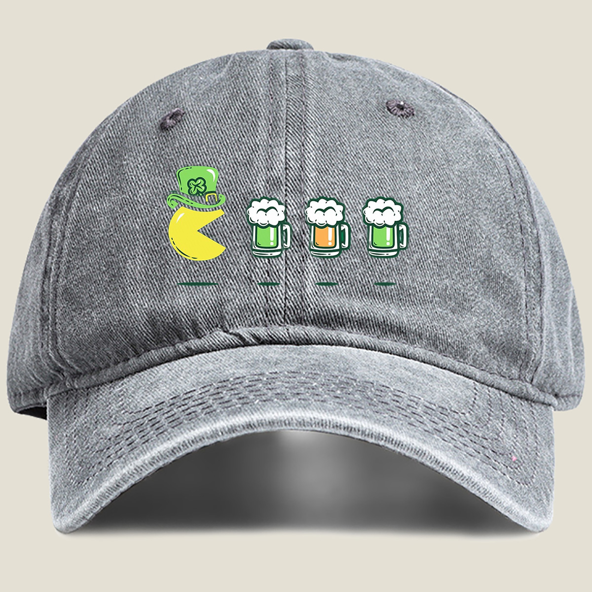 Pac-Man Wears a Leprechaun Hat and Approaches Beer Mugs - Washed Denim - Baseball Cap