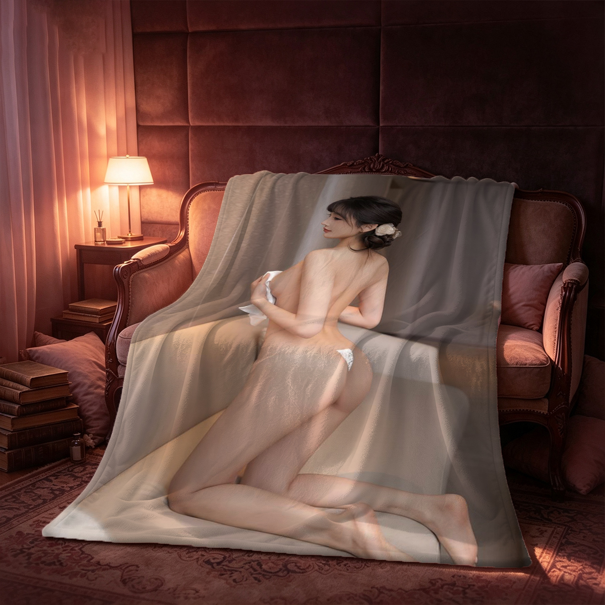 Red Lingerie on Leather Couch - Blanket