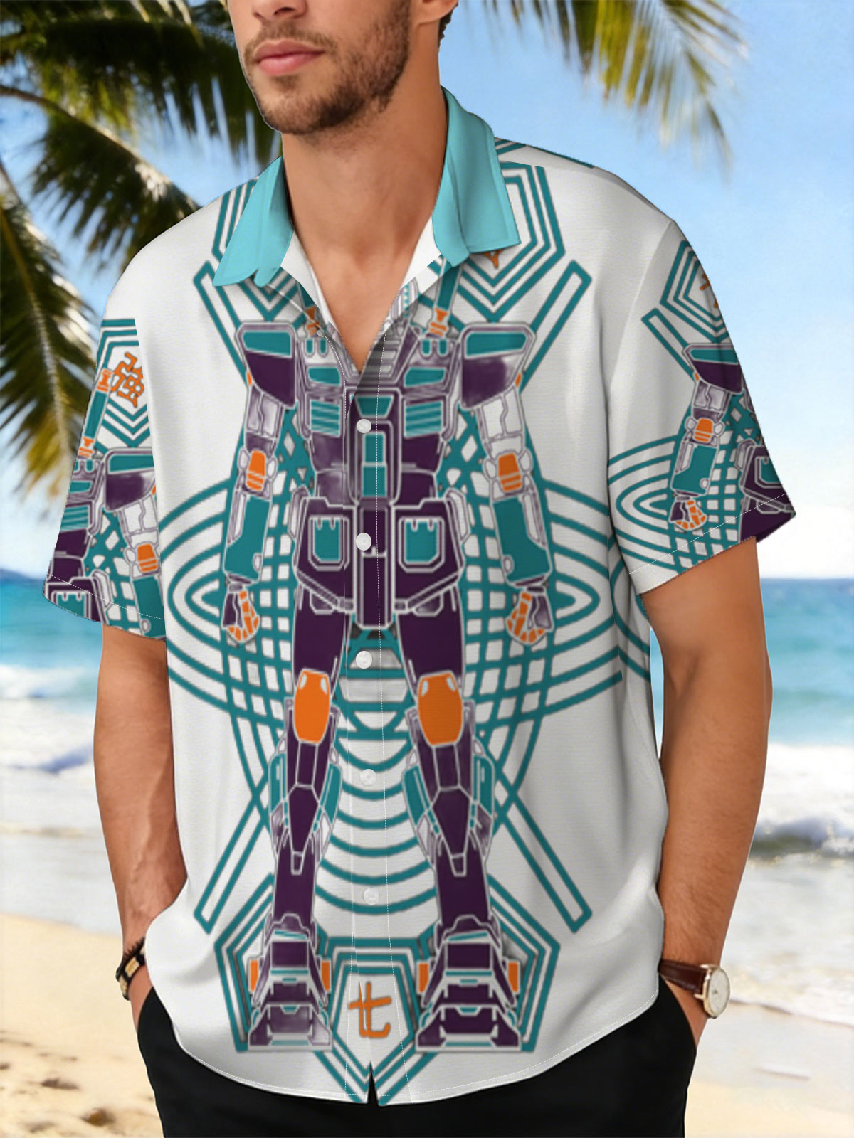 Gundam Warrior Robot with Chinese Characters and Geometric Design -  Shirt