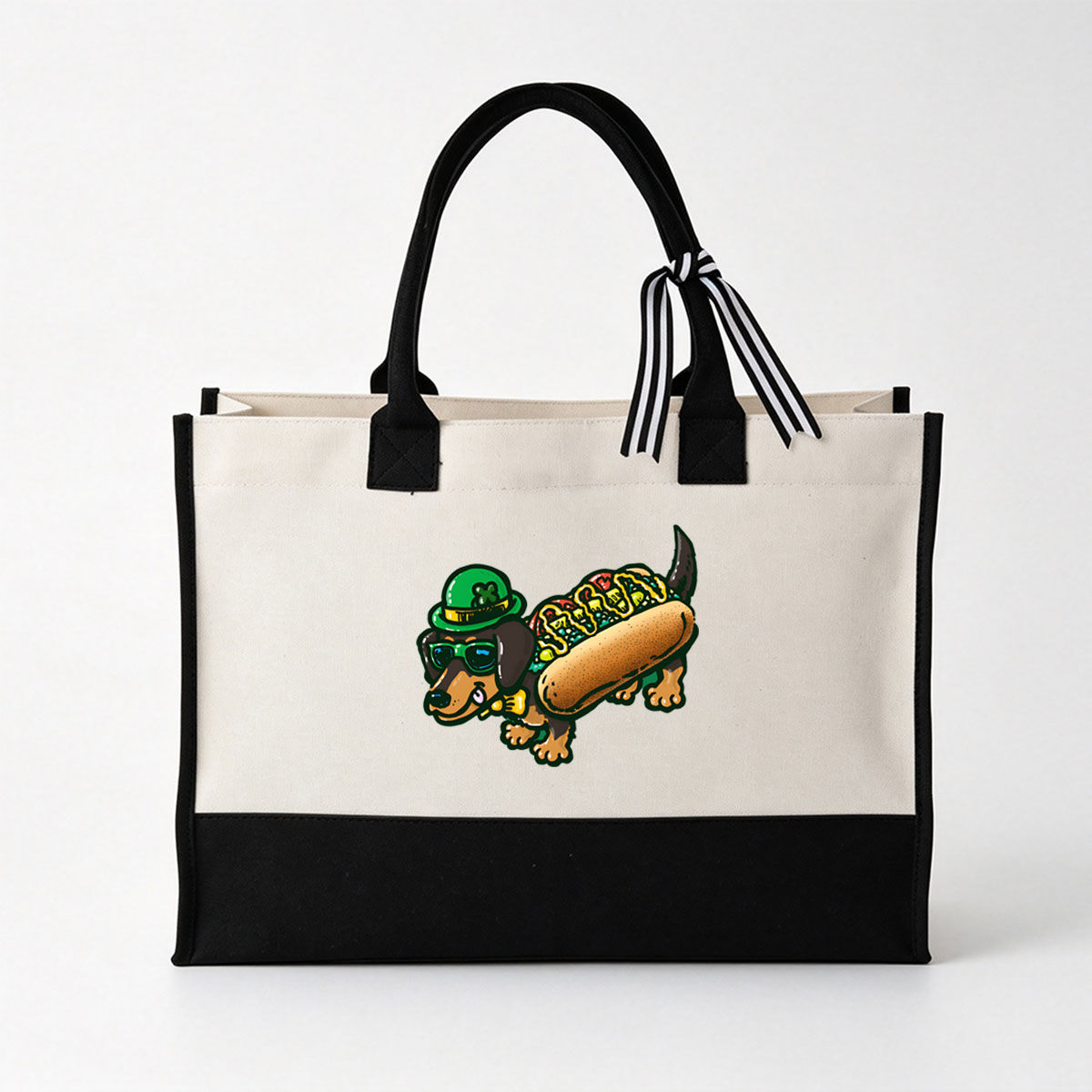 Dachshund in Green Hat and Sunglasses with Hot Dog Body - Canvas patchwork gift tote bag