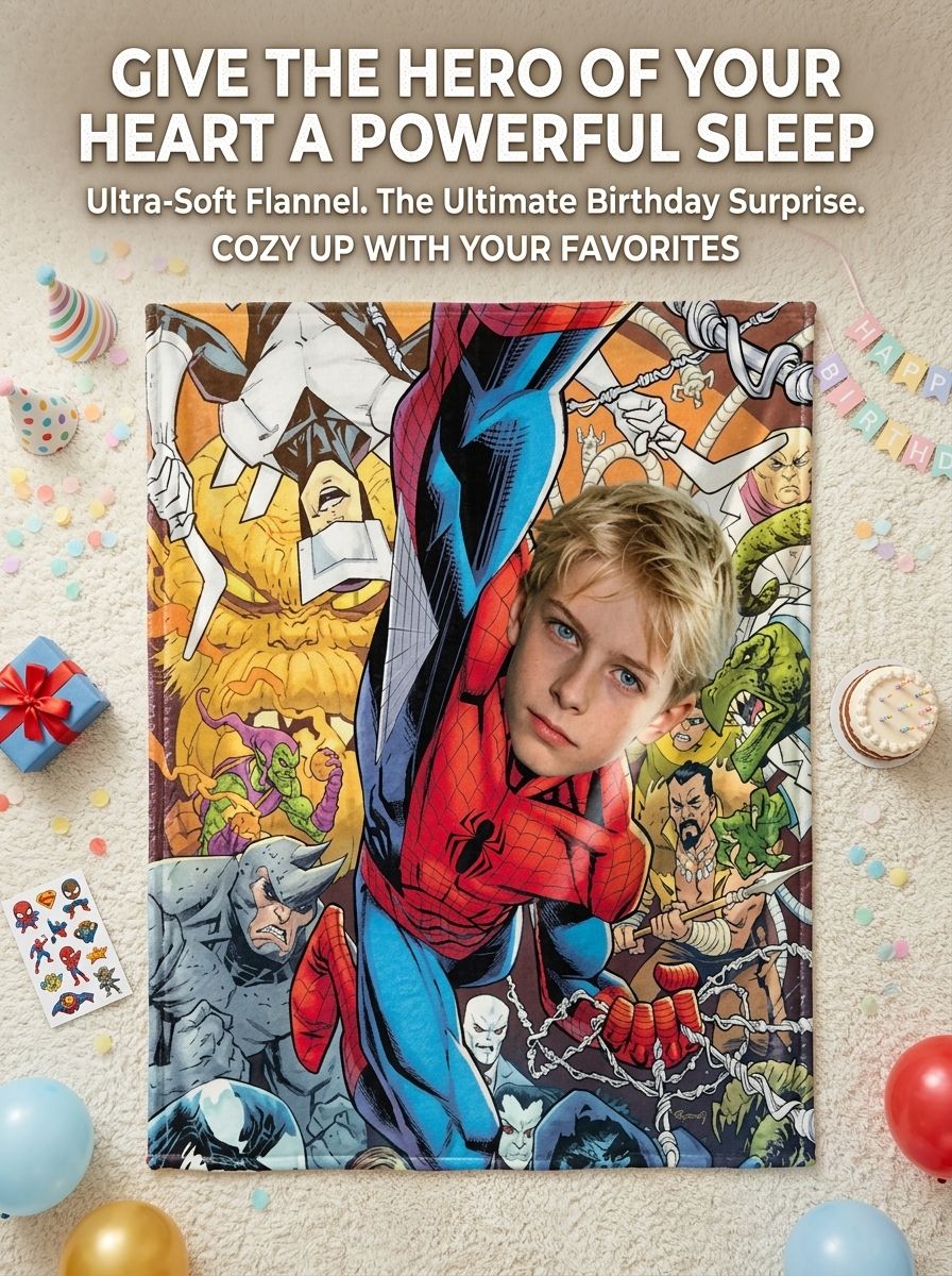 Custom Face Superhero Comic Flannel Blanket Personalized Photo Throw for Kids Ultra Soft Anti-Pilling Cozy Warm Gift