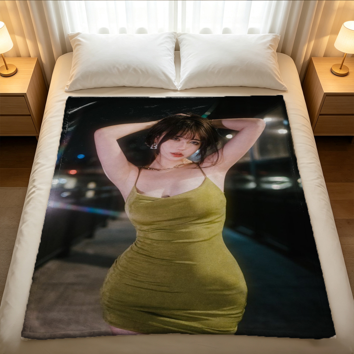 Nude in Yellow Lace Robe Eating Grapes by Window - Blanket