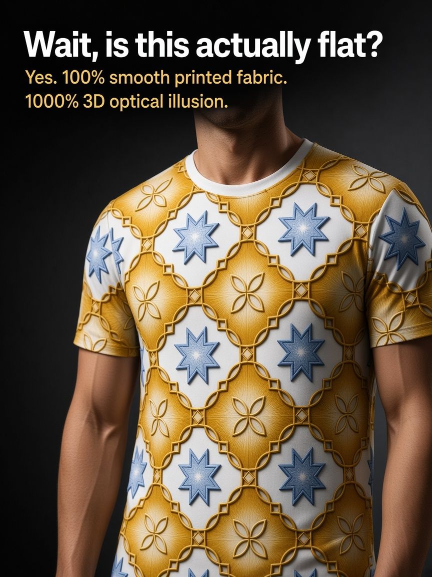 Gold Geometric Tile 3D Optical Illusion Graphic Tee Breathable Athletic Mesh T-Shirt for Casual and Sports Wear