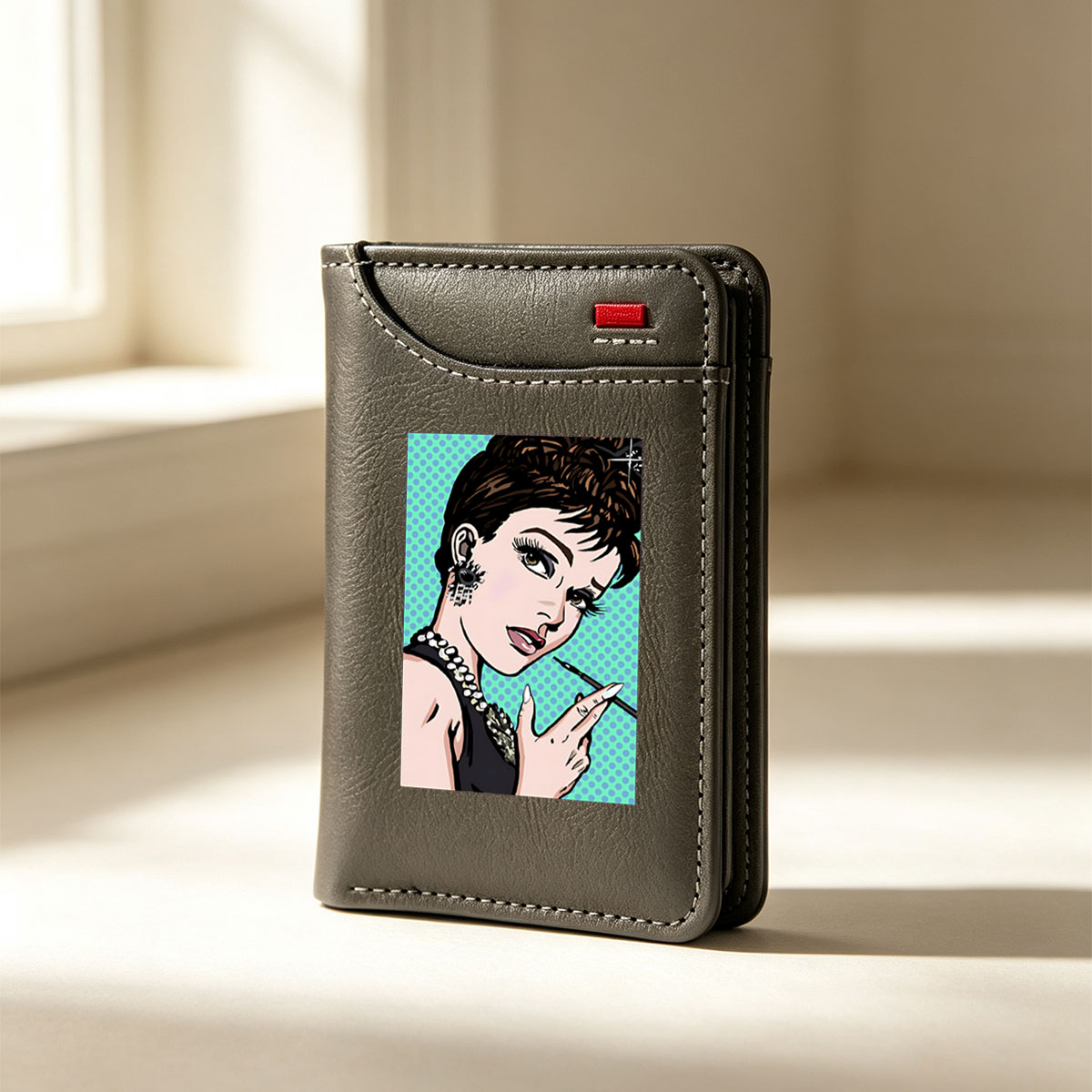 Audrey Hepburn in Pop Art Style, Wearing Pearls and Holding a Cigarette - Vertical Style Wallet