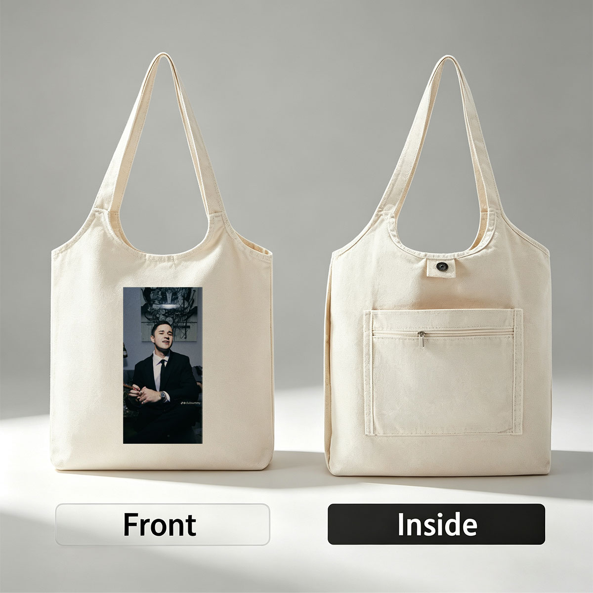 Pete Davidson in a Suit Holding a Cigar with Artwork in the Background - Canvas shoulder bags/