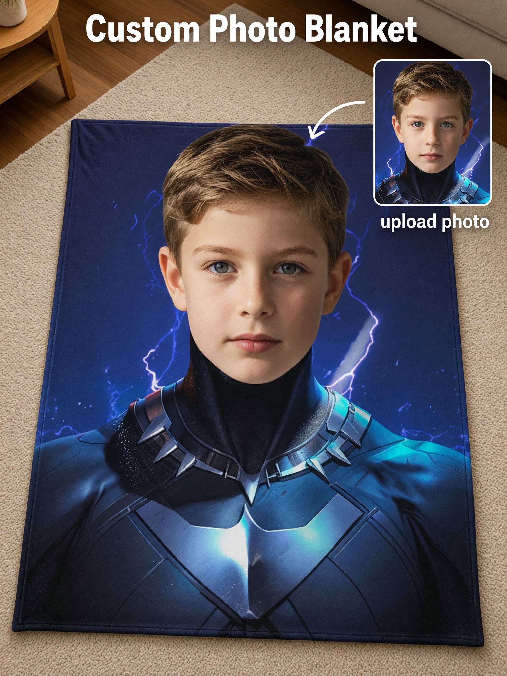 Custom Superhero Photo Flannel Fleece Blanket, Personalized Face Print Soft Warm Throw Blanket for Kids and Family Gift