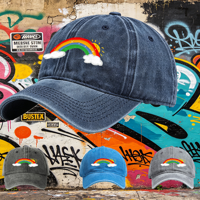 Unisex Classic Washed Cap with Rainbow and Sun Print | Casual Outdoor Hat for Adults and Teens | Perfect for Daily Wear, Travel, and Beach Activities
