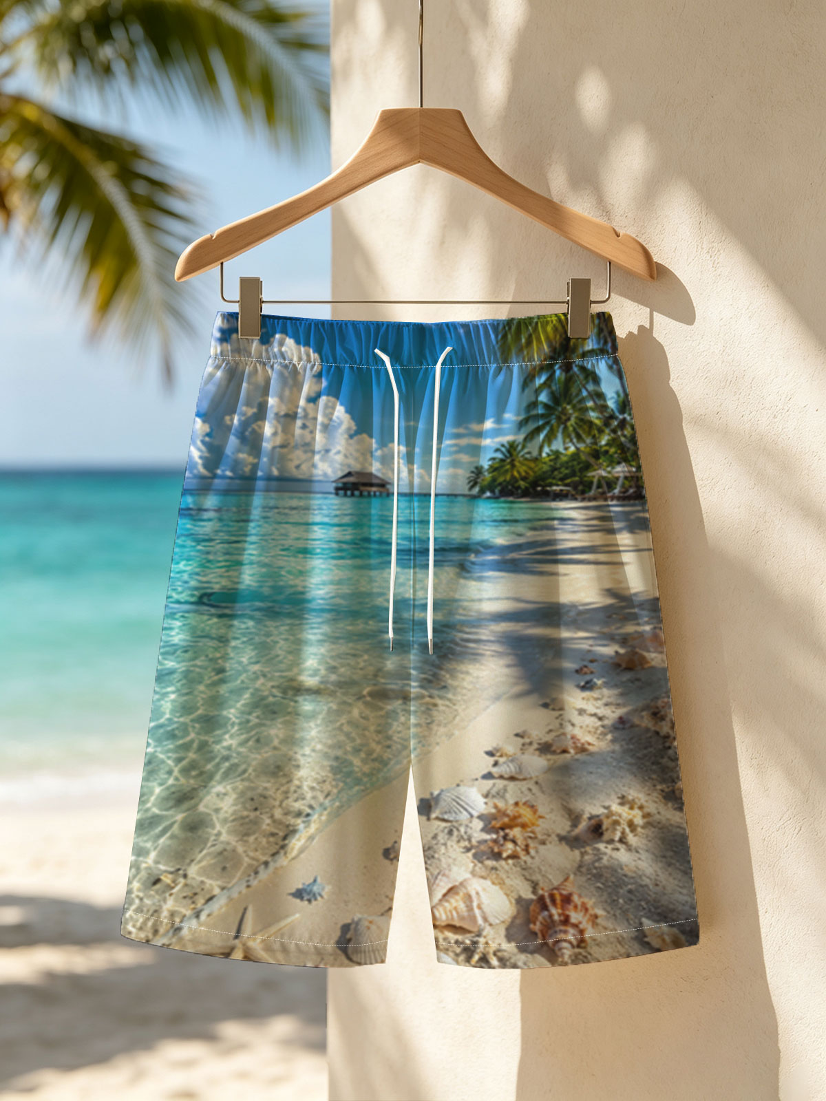 Tropical Beach with Clear Water, Shells, and Palm Trees -  Beach shorts