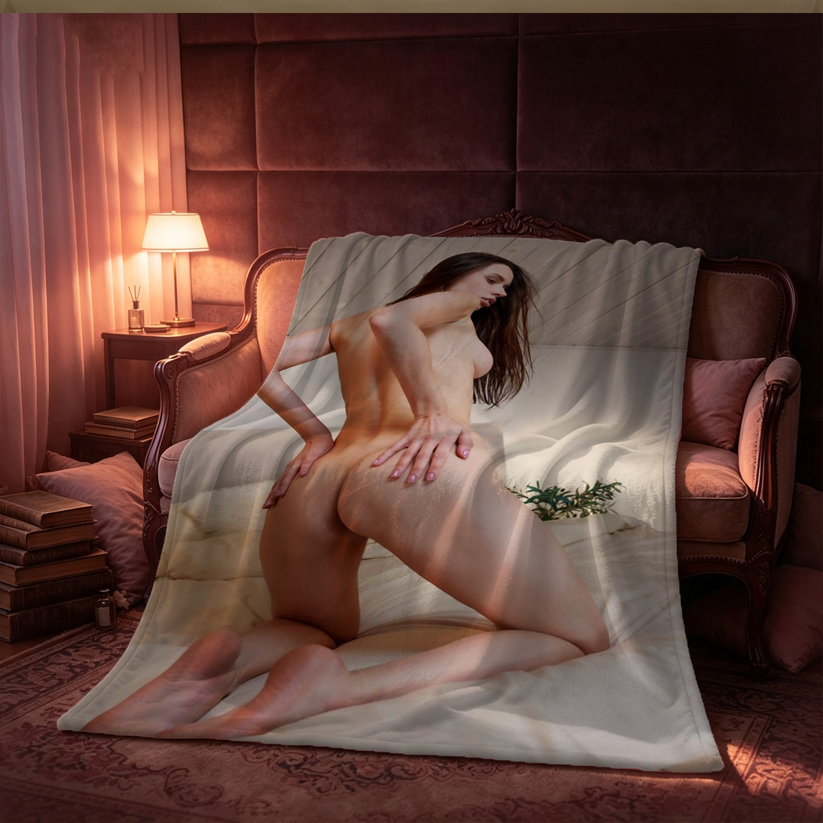 Emily Ratajkowski in gray lace lingerie kneeling on armchair - Blanket