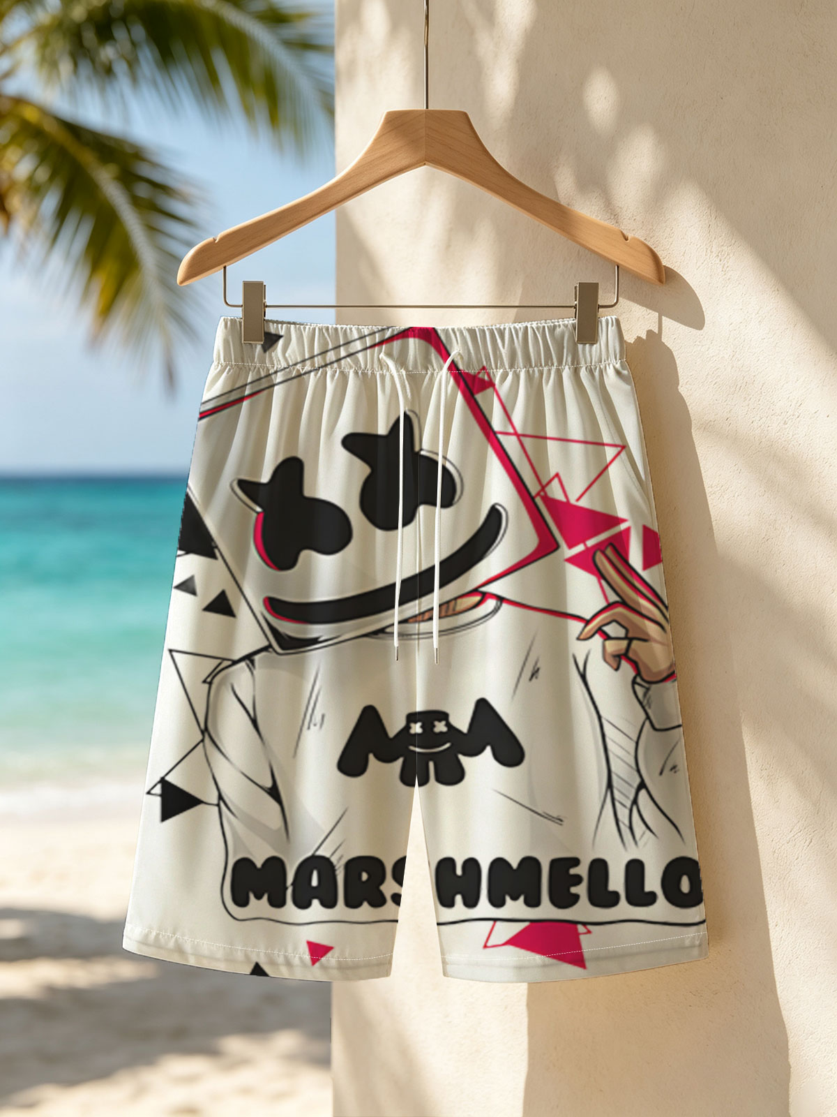 Marshmello DJ Music Artist with Iconic Helmet and Red Triangles -  Beach shorts