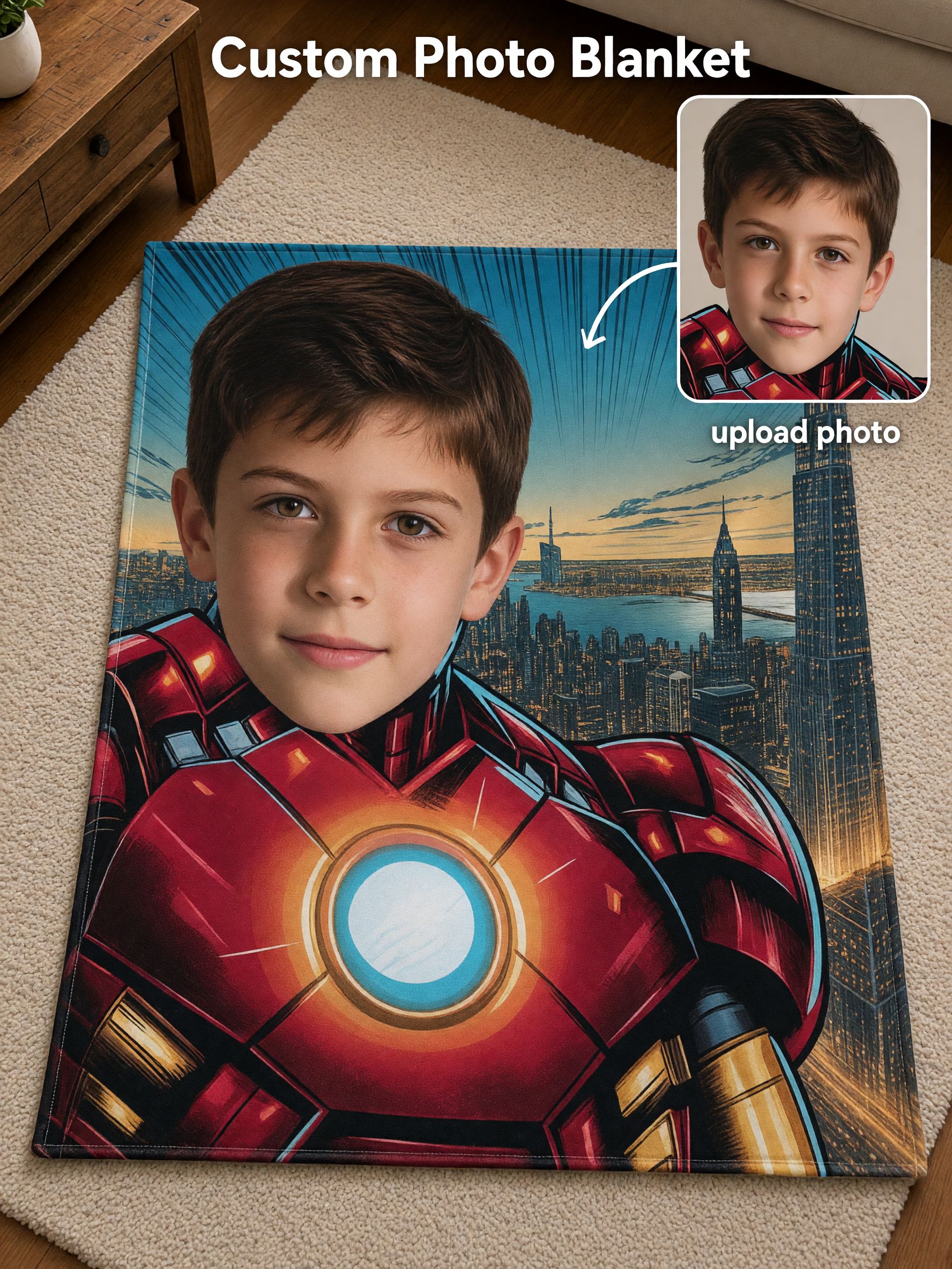 Custom Superhero Face Flannel Blanket Personalized Photo Throw for Bed Couch, Cozy Comic Portrait Gift