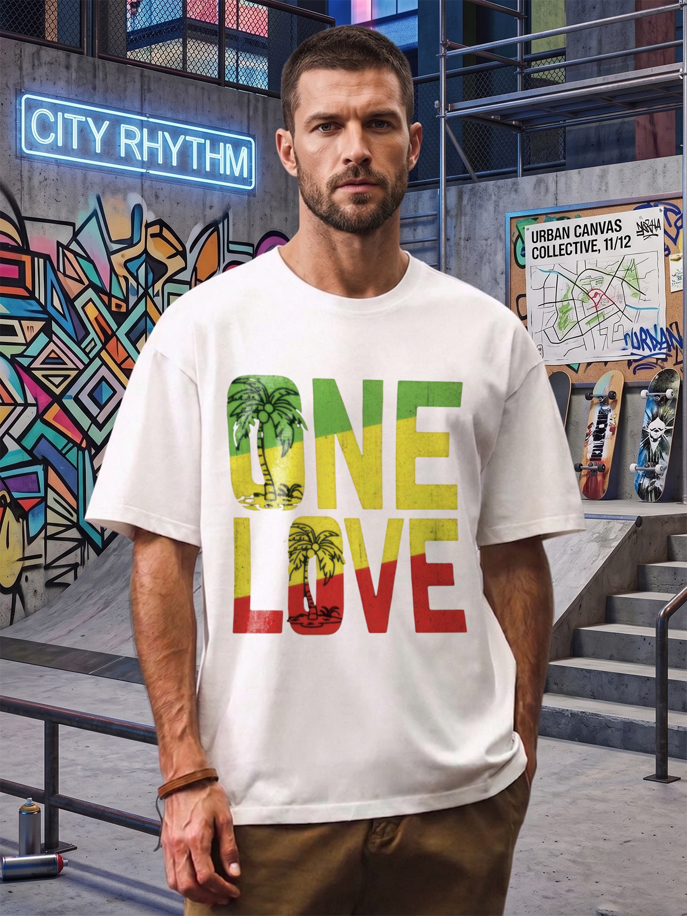 Men's One Love Palm Tree Print T-Shirt Rasta Colors Graphic Tee Casual Round Neck Lightweight Breathable Summer Short Sleeve Shirt for Beach Vacation Travel Outdoor Activities Adults Male