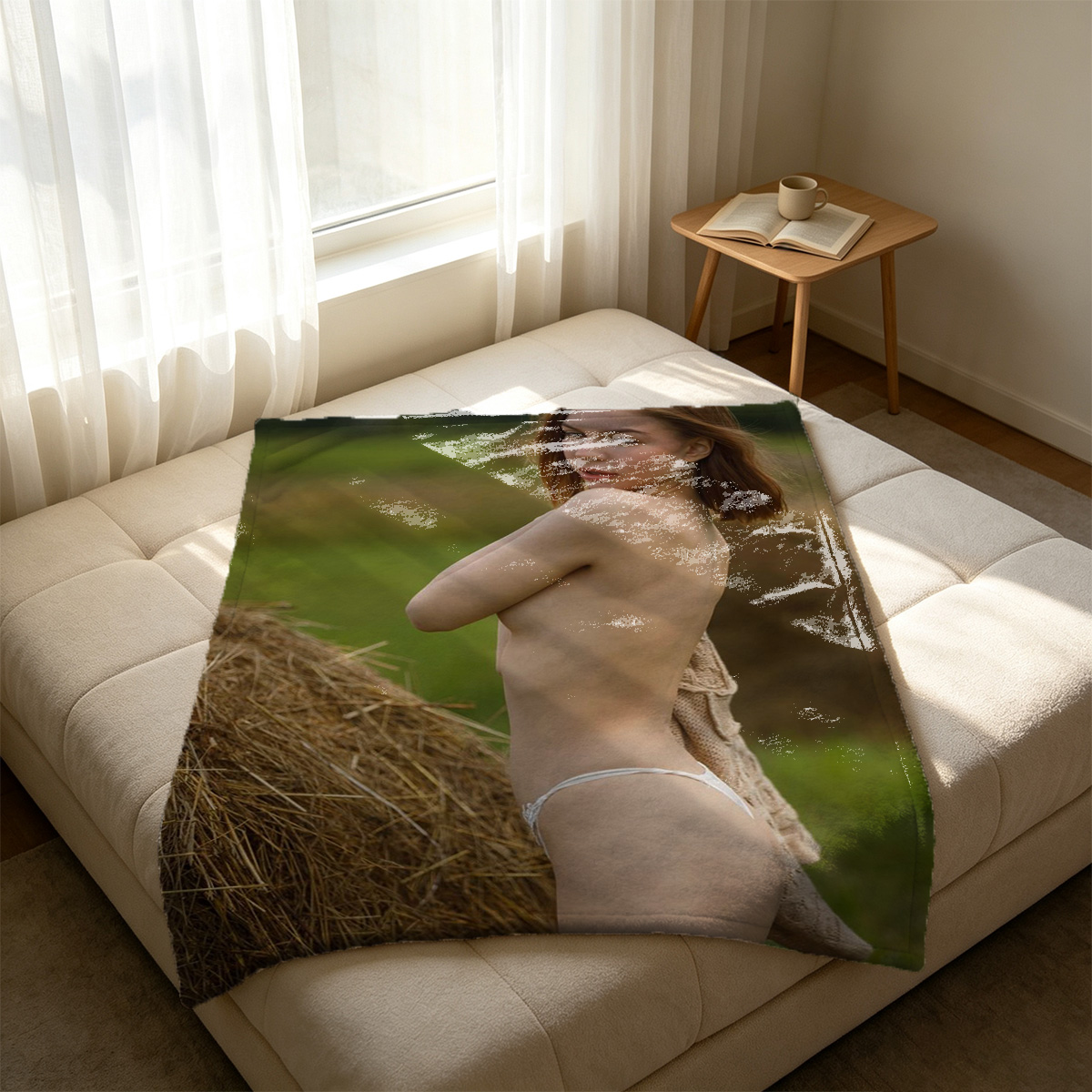 An Yujin in colorful fringed bikini lying barefoot on wooden floor of traditional Japanese house. - Blanket