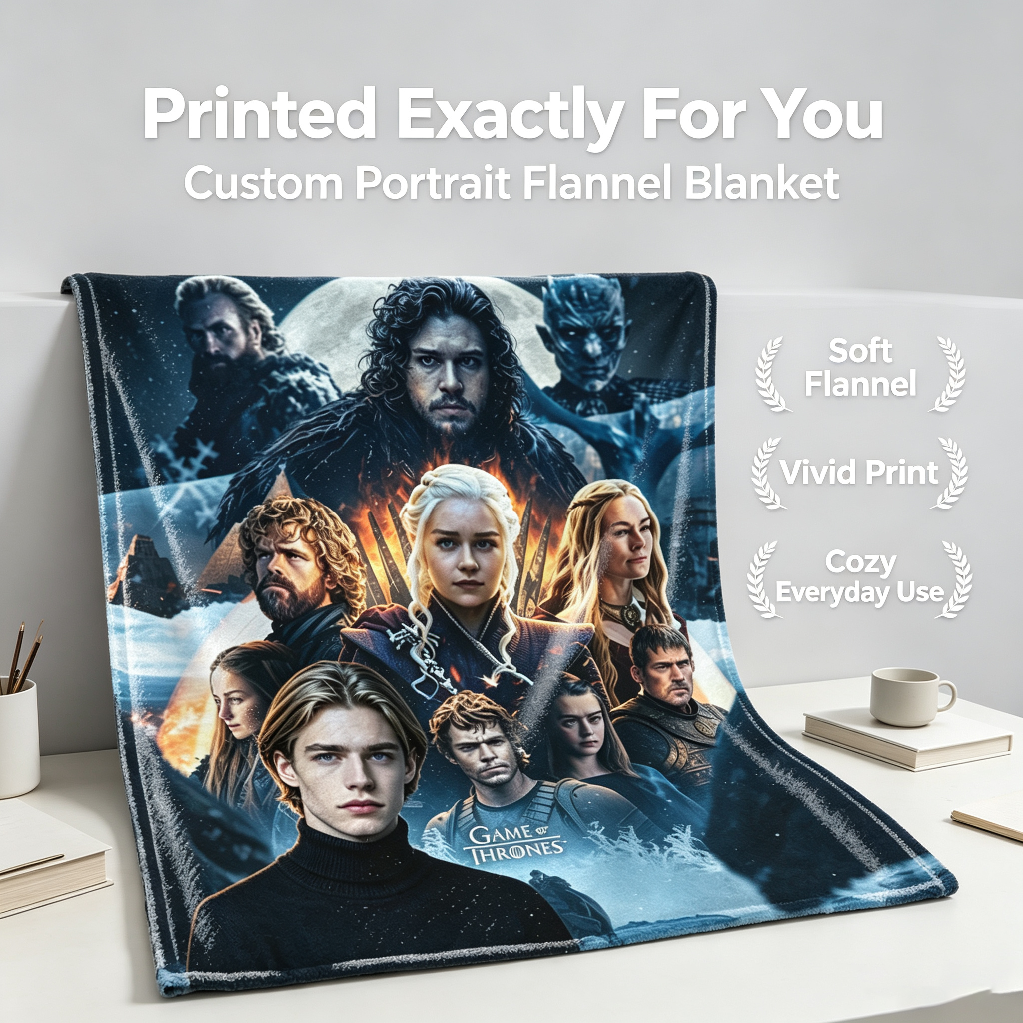 Custom Face Blanket Game of Thrones Characters Flannel Blanket Cozy Bedding Gift for Fans and Collectors