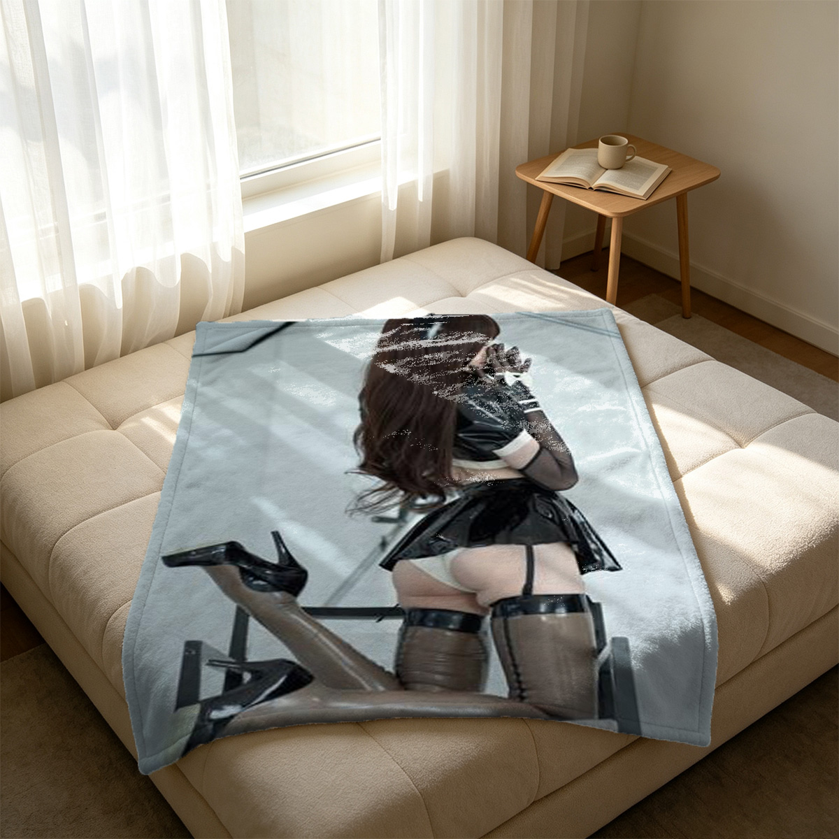 Aiko Horiuchi in beige lingerie by the window - Blanket