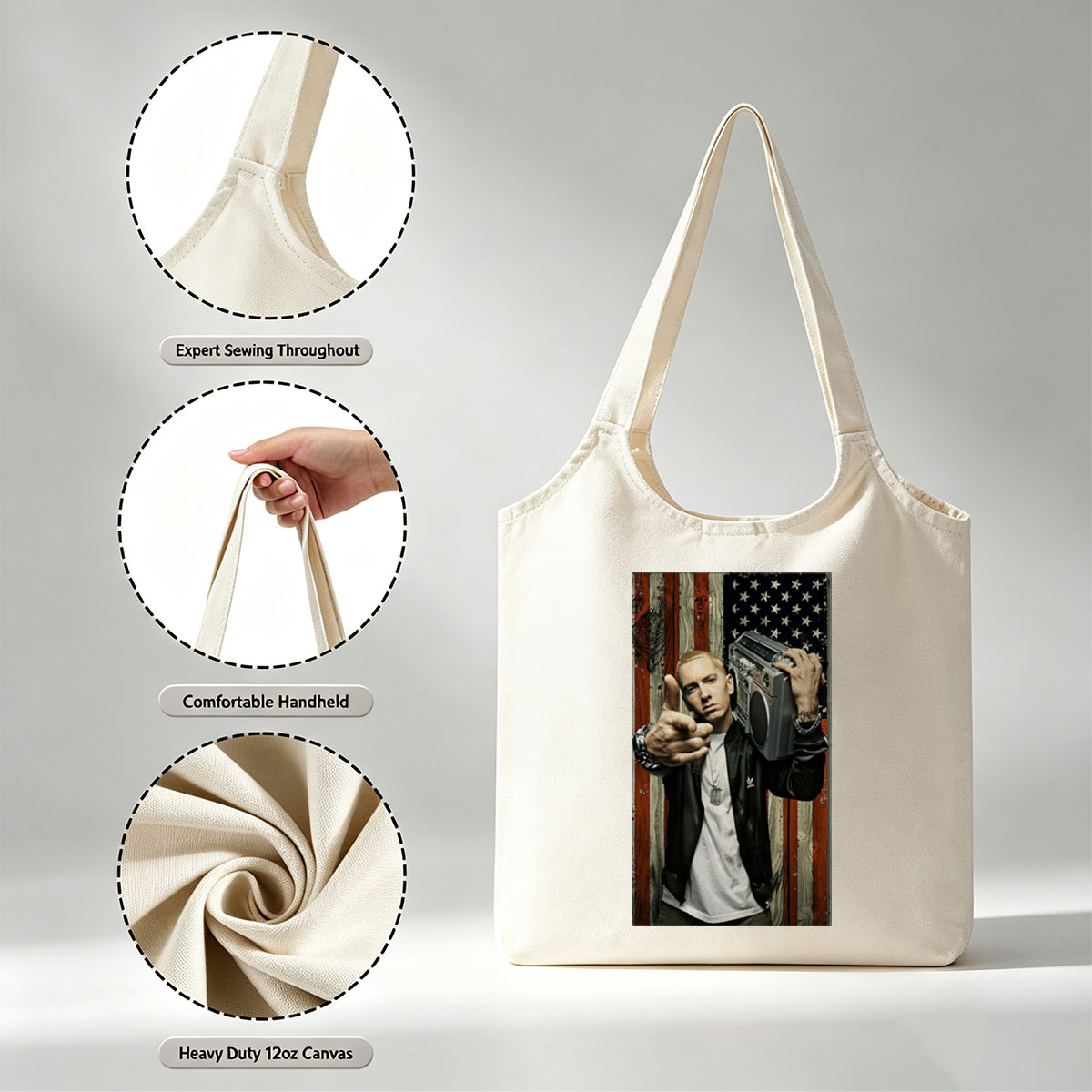 Eminem Holding Boombox Pointing at Camera Against American Flag Background - Canvas shoulder bags/