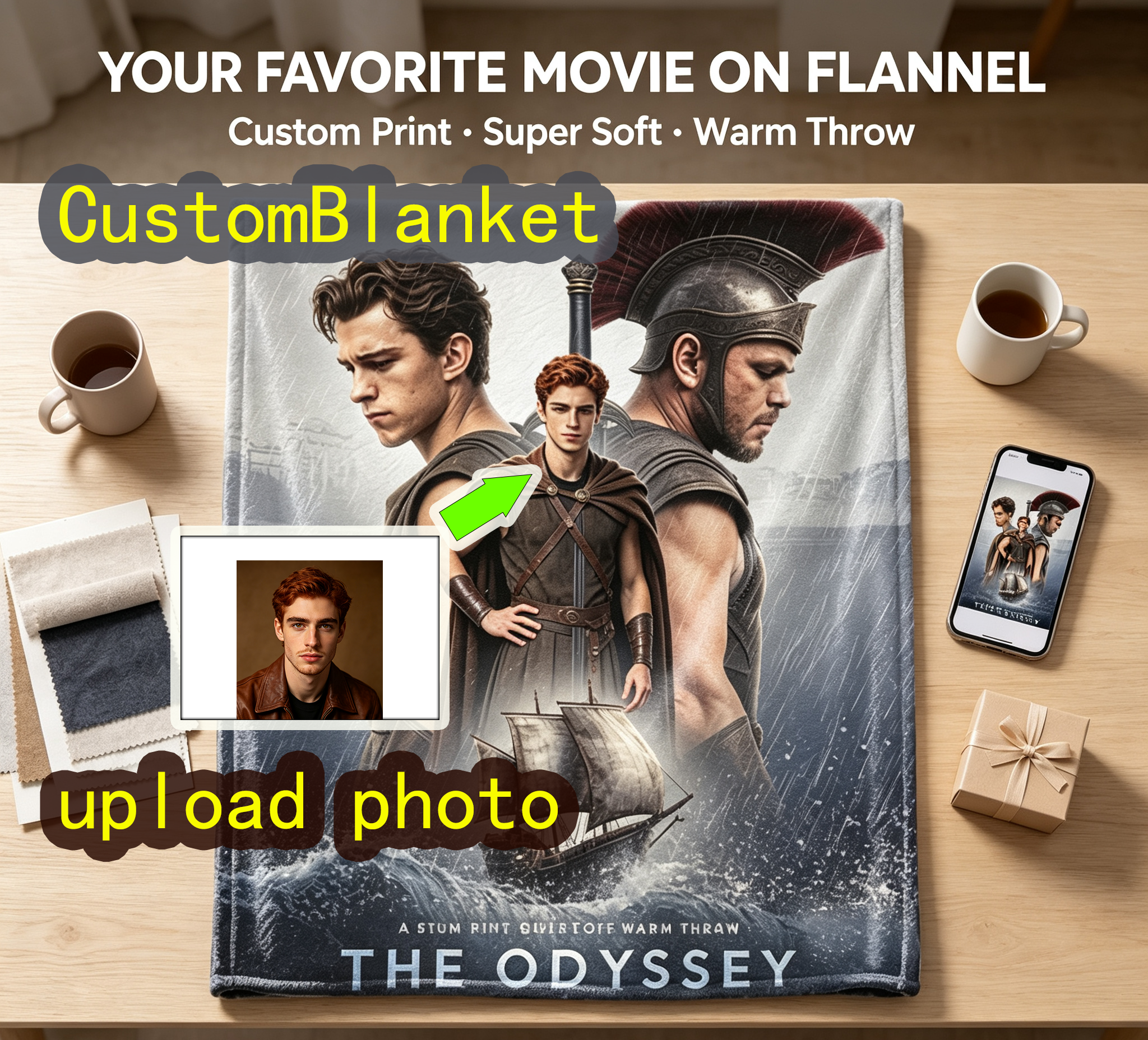 Custom Face Blanket The Odyssey Movie Character Flannel Blanket Perfect for Couch Relaxation and Movie Nights Ideal Gift or Giveaway for Fans