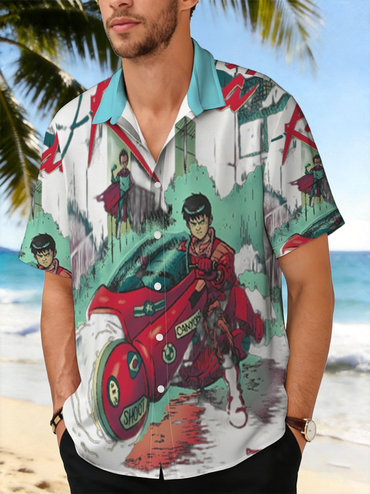 Kaneda on Red Motorcycle with Future City Background -  Shirt